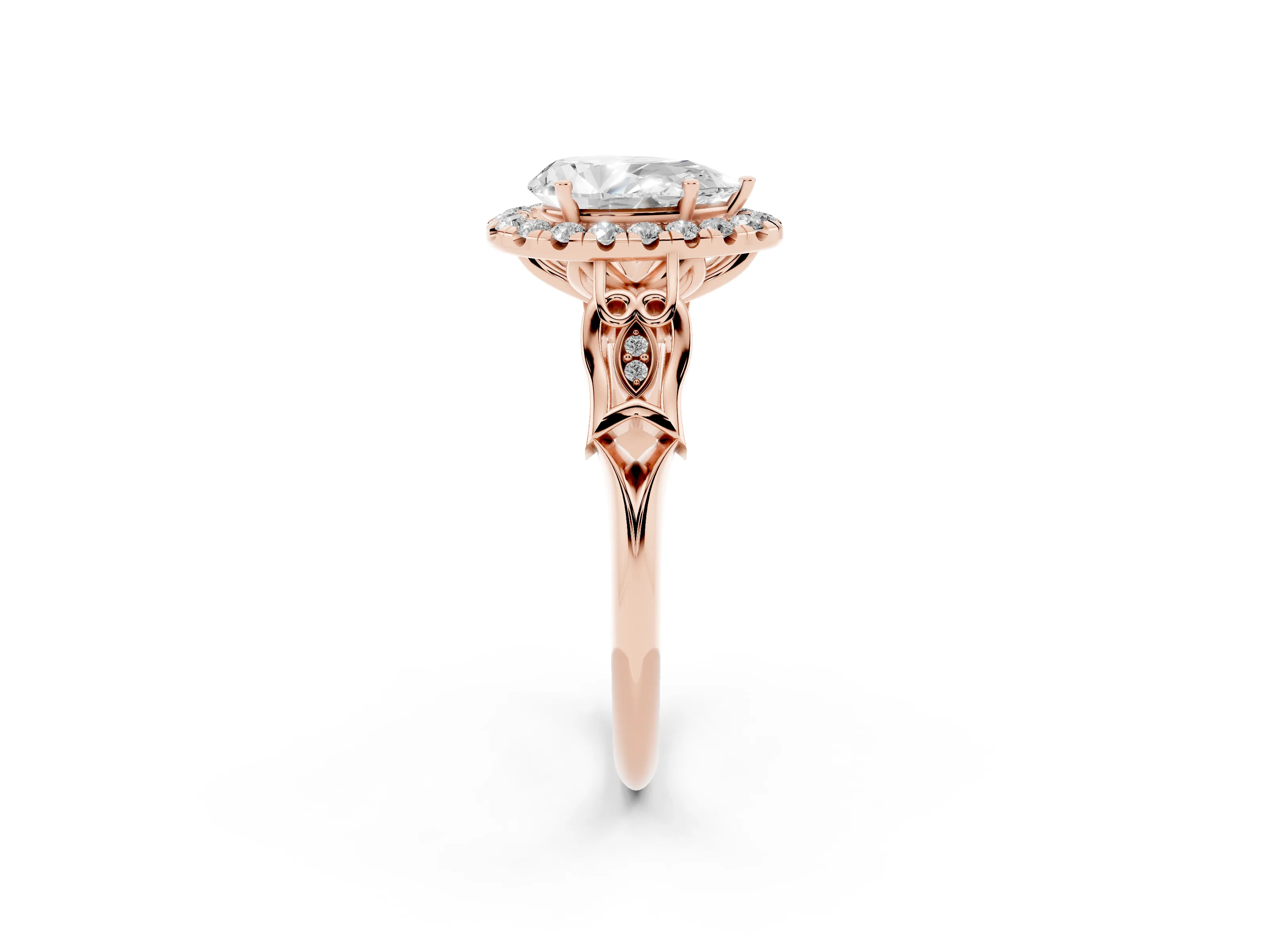 Pear Cut Diamond Halo Engagement Ring Set in Rose gold with Filigree Band and Prong-Set Center