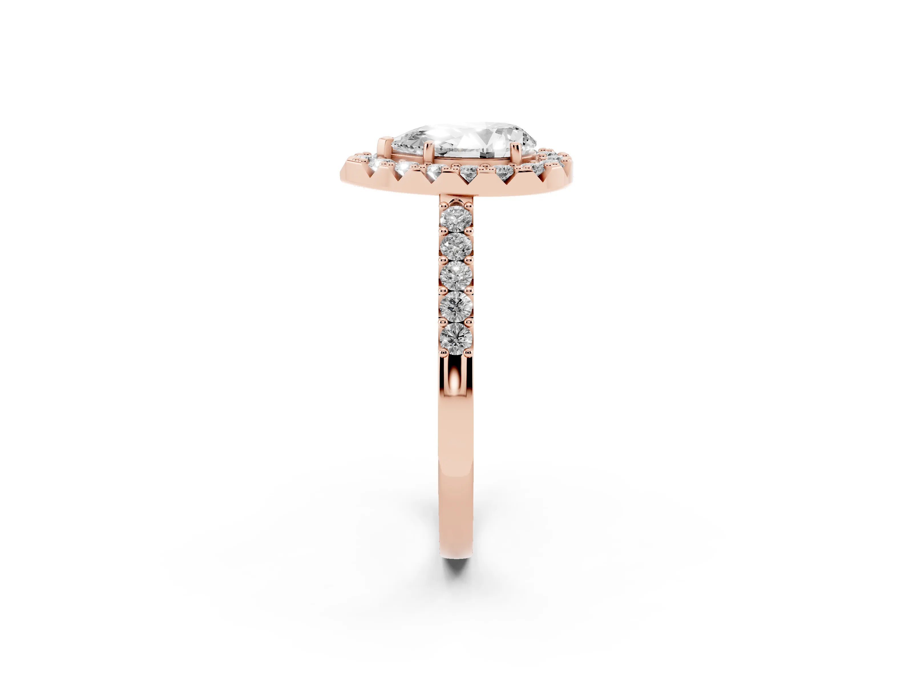 Pear Cut Diamond Halo Pavé Solitaire Ring Set in Rose gold with Prong-Set Center Stone