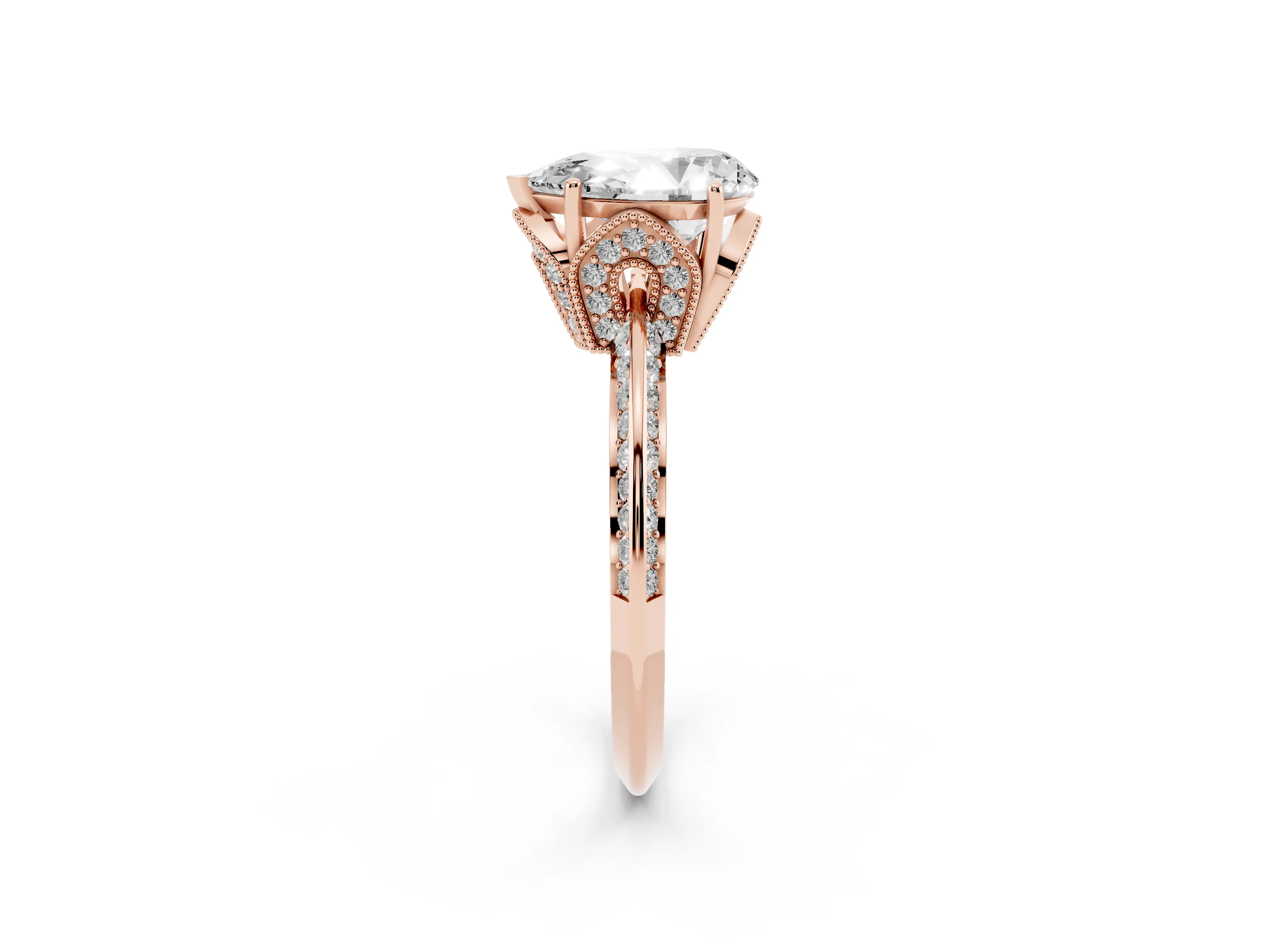 Pear Cut Diamond Solitaire Engagement Ring Set in Rose gold with Pavé Split Shank and Prong Setting