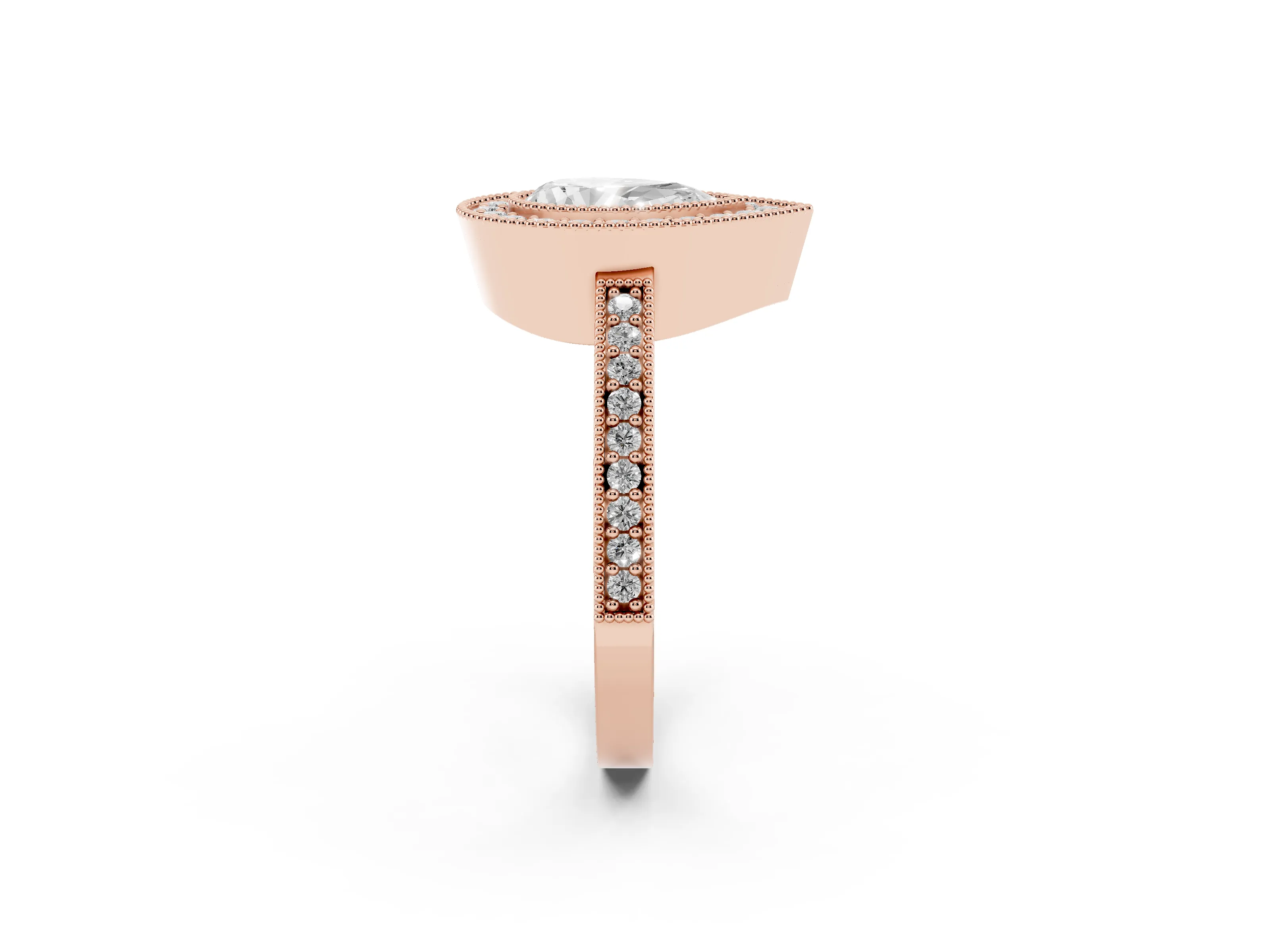 Pear Cut Diamond Halo Engagement Ring Set in Rose gold with Pavé Band and Round Halo Stones