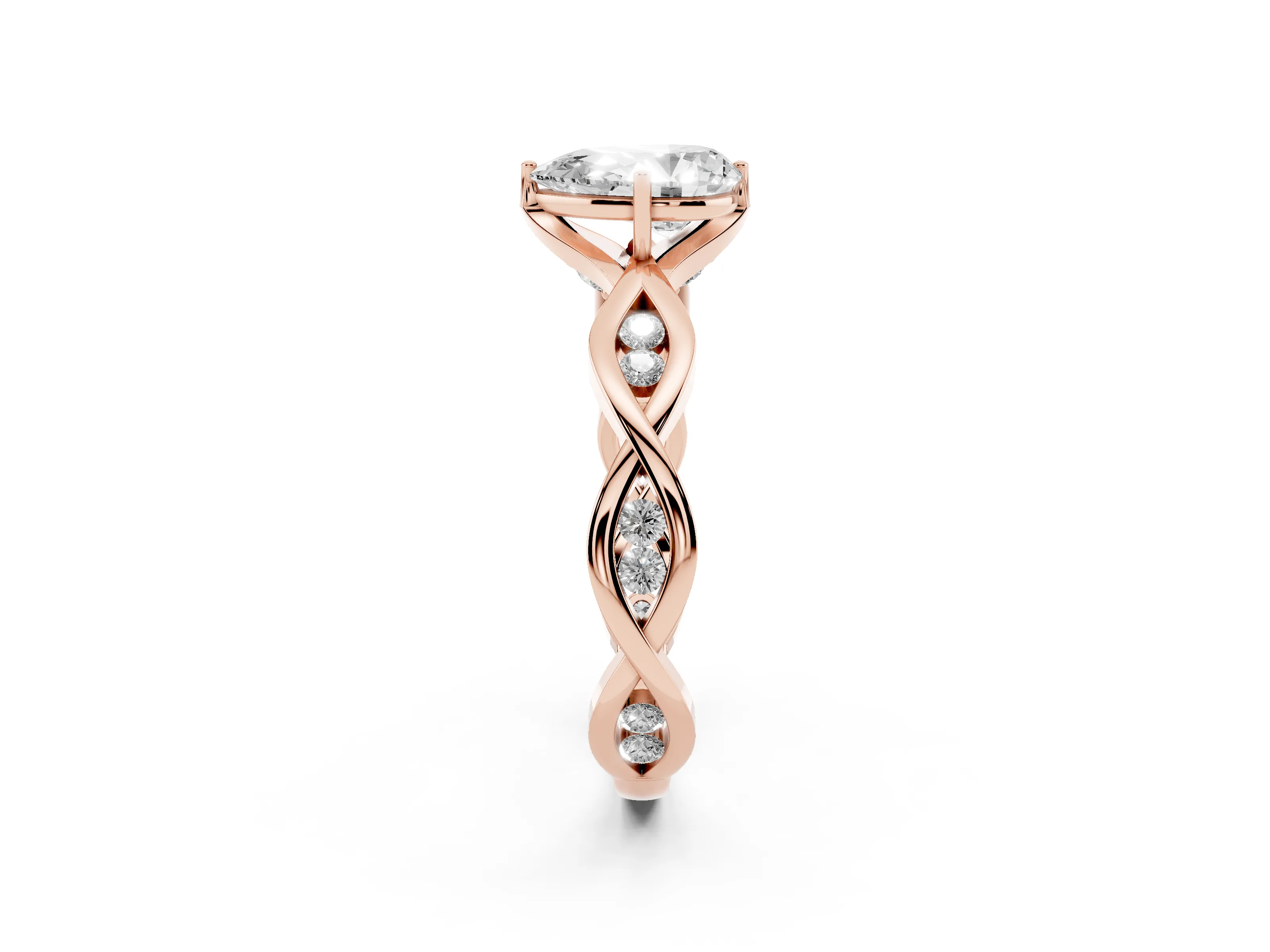 Pear Cut Diamond Twist Band Solitaire Ring Set in Rose gold with Leaf Prong Setting and Accent Stones