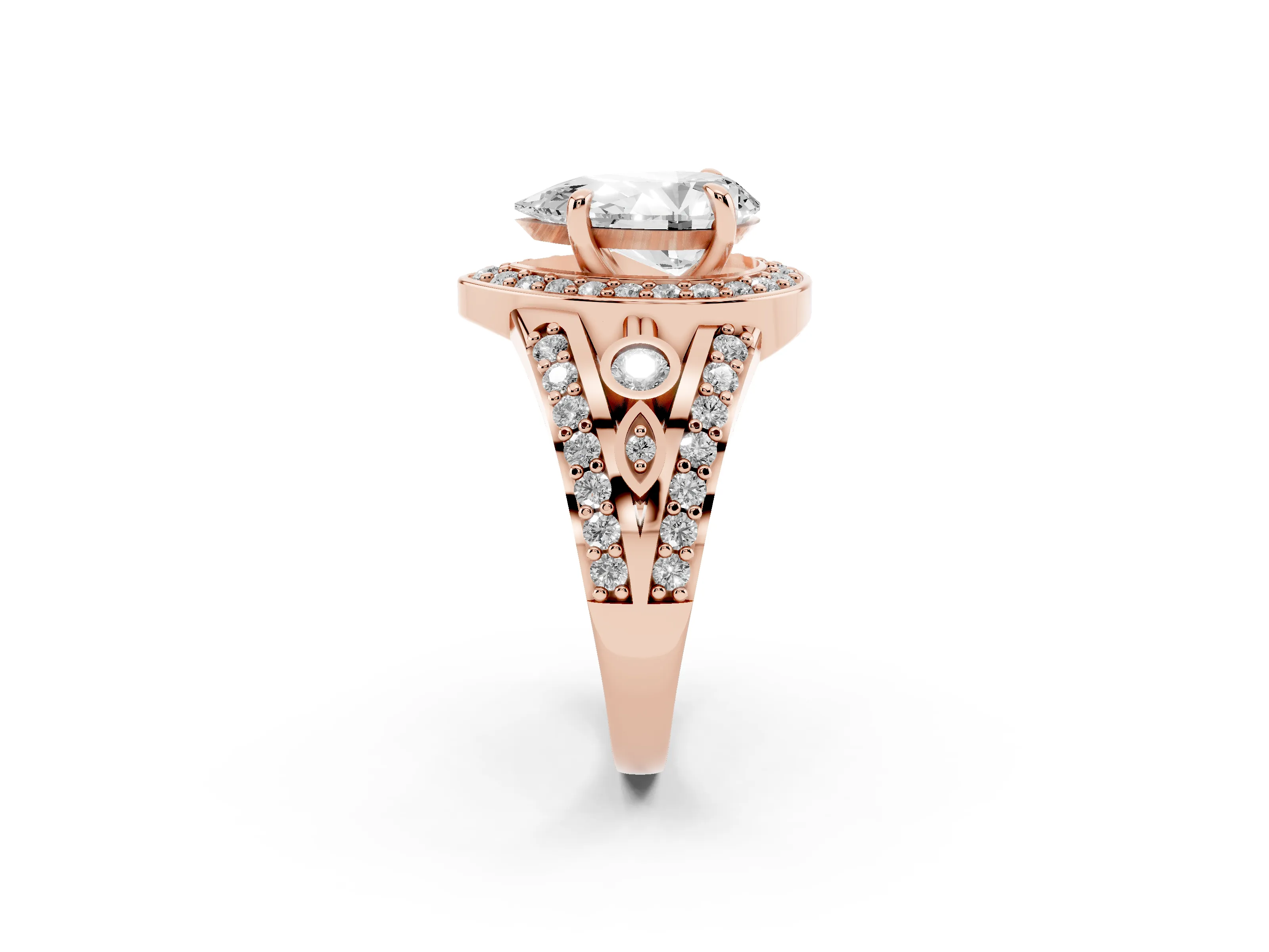 Pear Cut Diamond Halo Ring Set in Rose gold with Pavé Split Shank and Bezel Accents