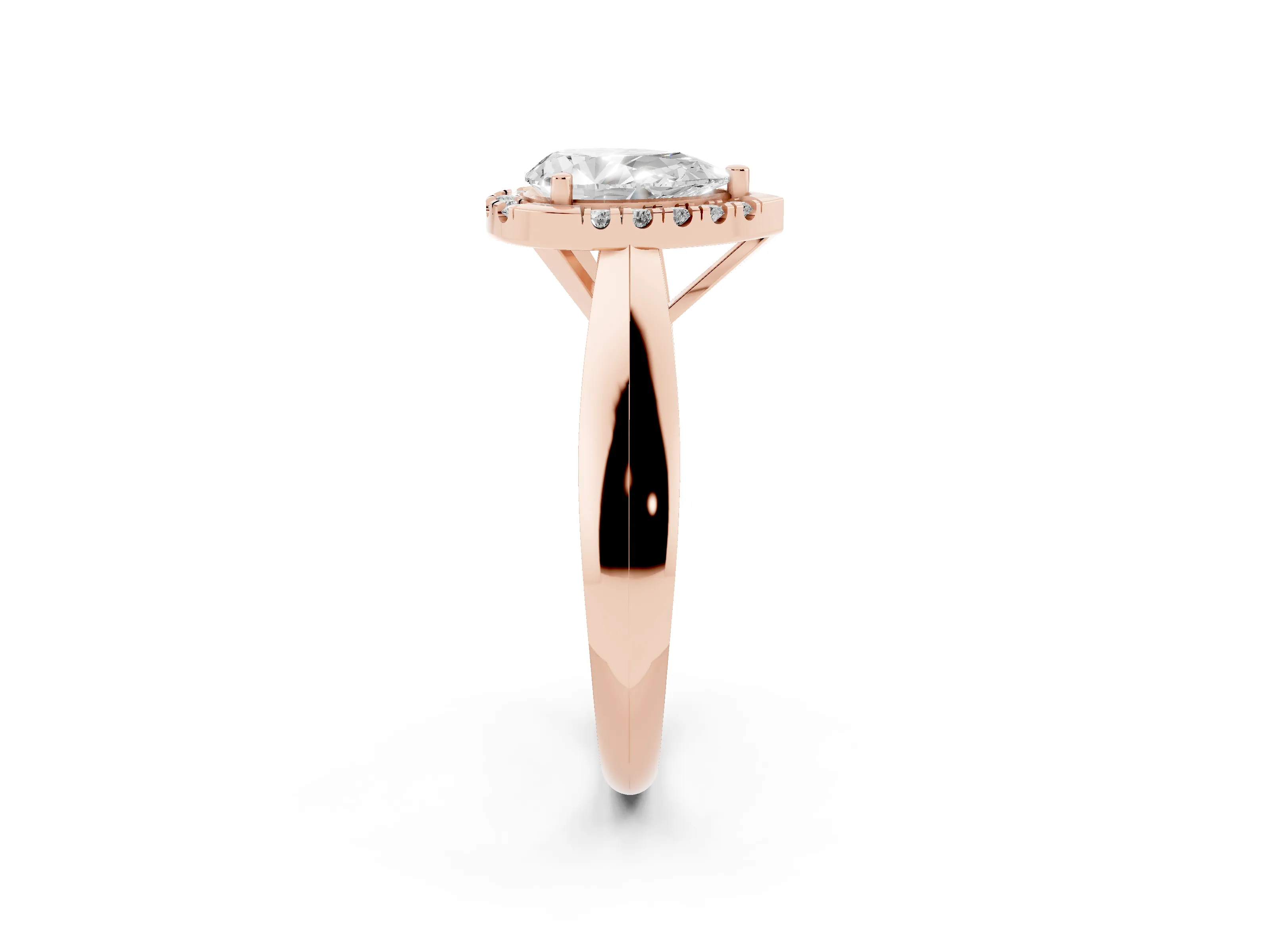 Pear Cut Diamond Halo Solitaire Engagement Ring Set in Rose gold with Square Band and Prong Setting