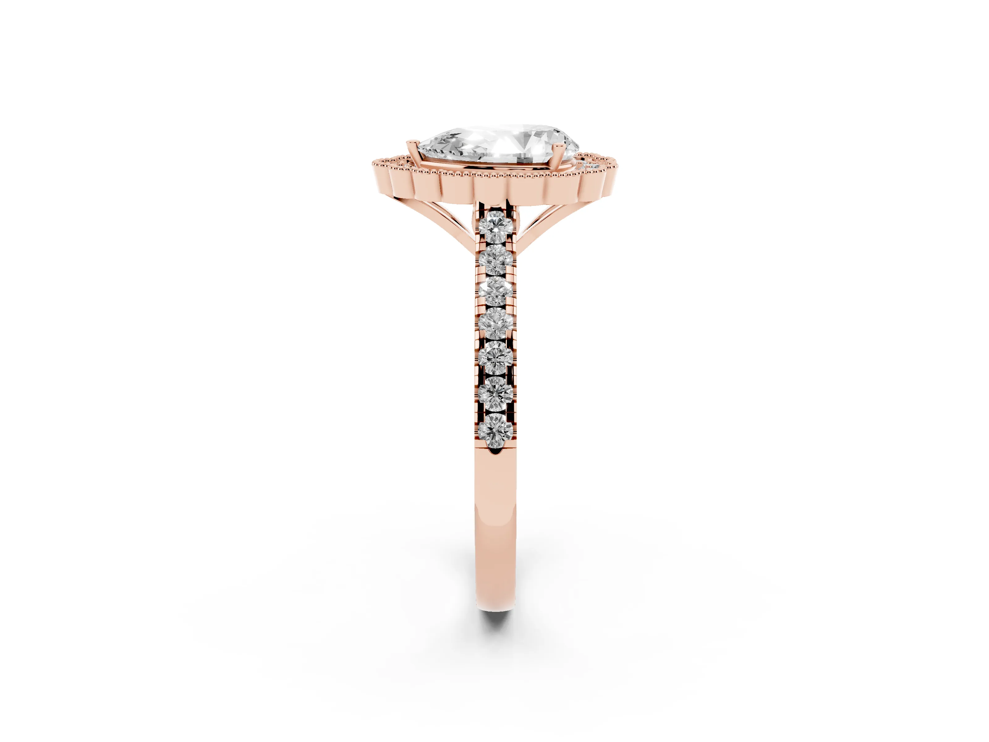 Pear Cut Diamond Milgrain Floral Halo Engagement Ring Set in Rose gold with Pavé Band