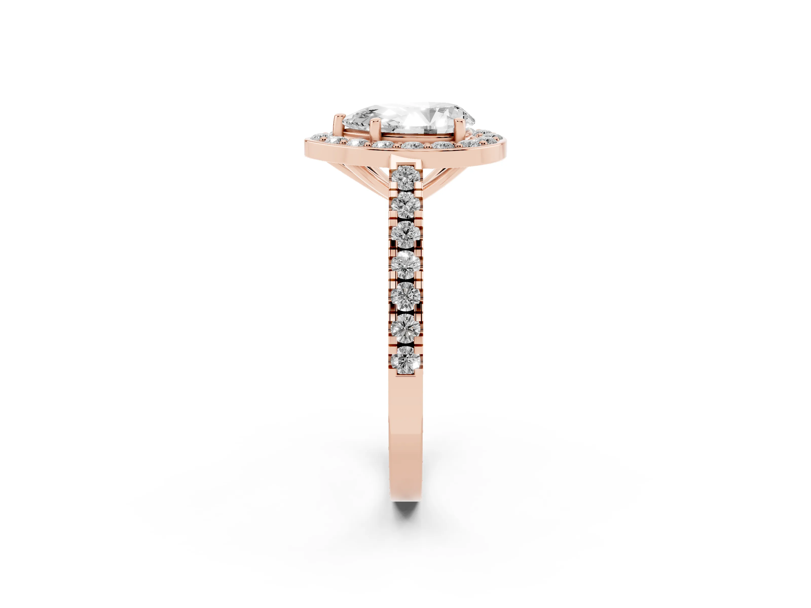 Pear Cut Diamond Halo Ring Set in Rose gold with Round Pavé Split Shank and Prong Setting