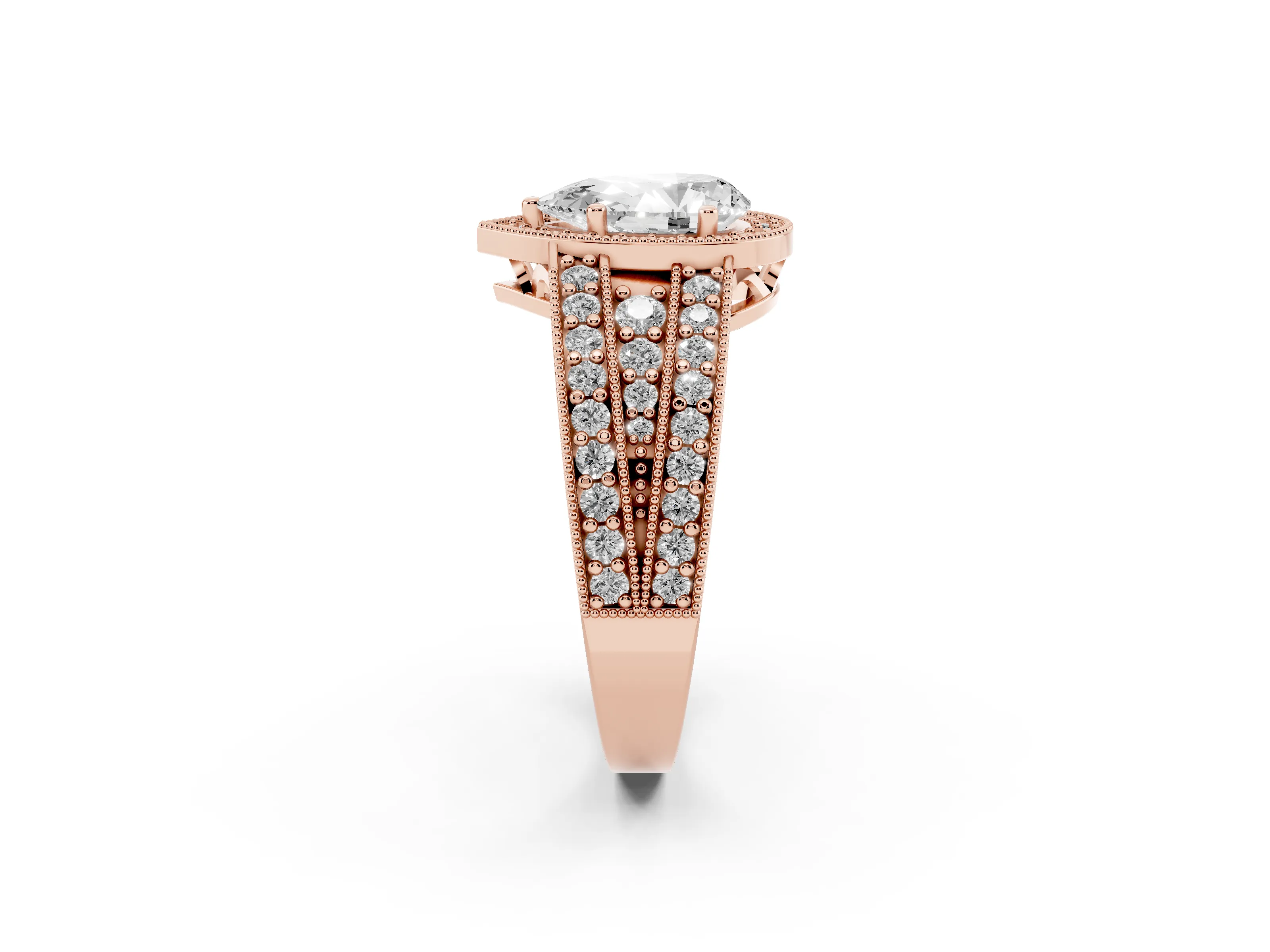 Pear Cut Diamond Halo Ring Set in Rose gold with Accent Split Shank and Prong Setting