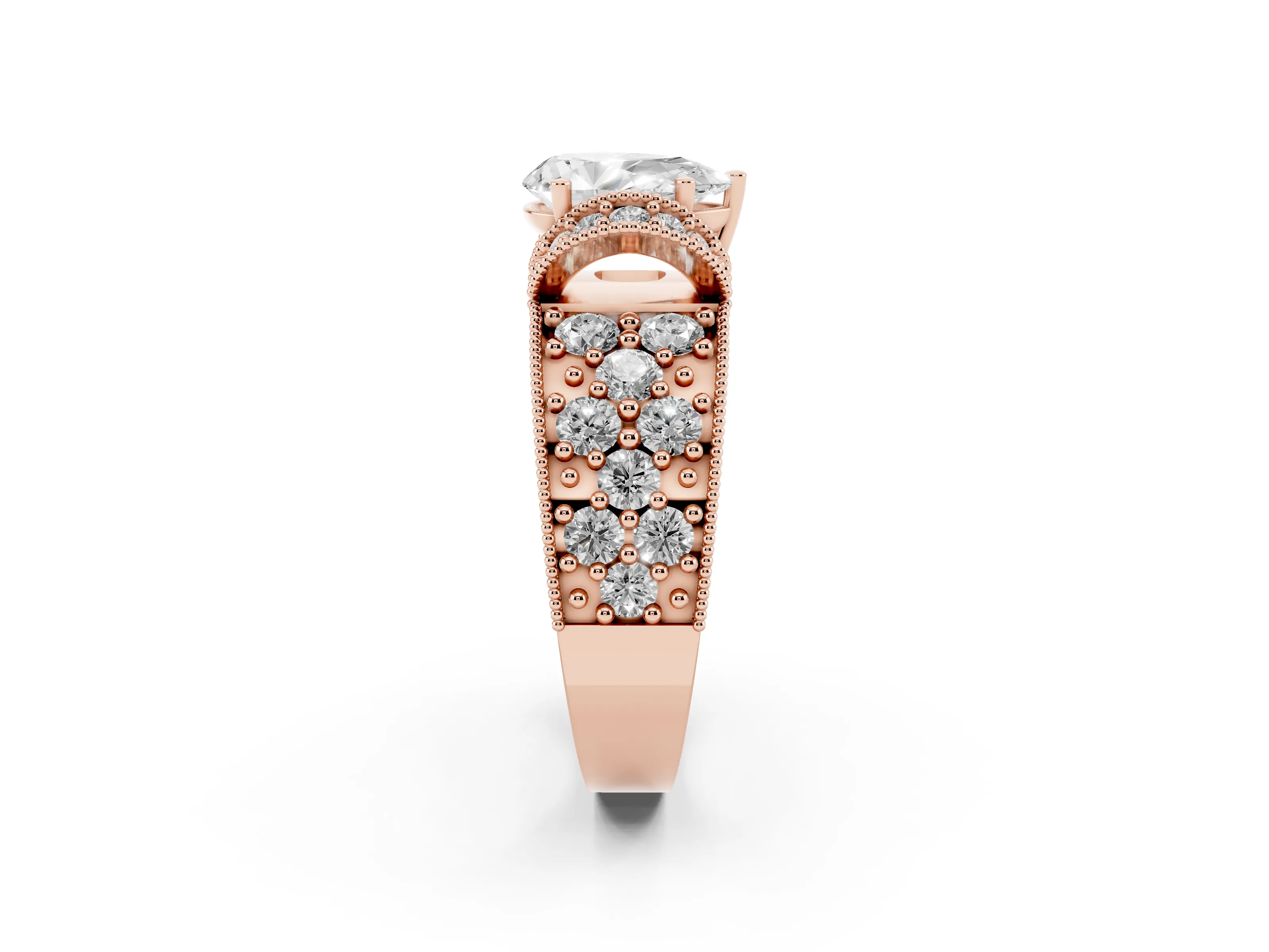 Pear Cut Diamond Milgrain Halo Pavé Engagement Ring Set in Rose gold with Prong Setting