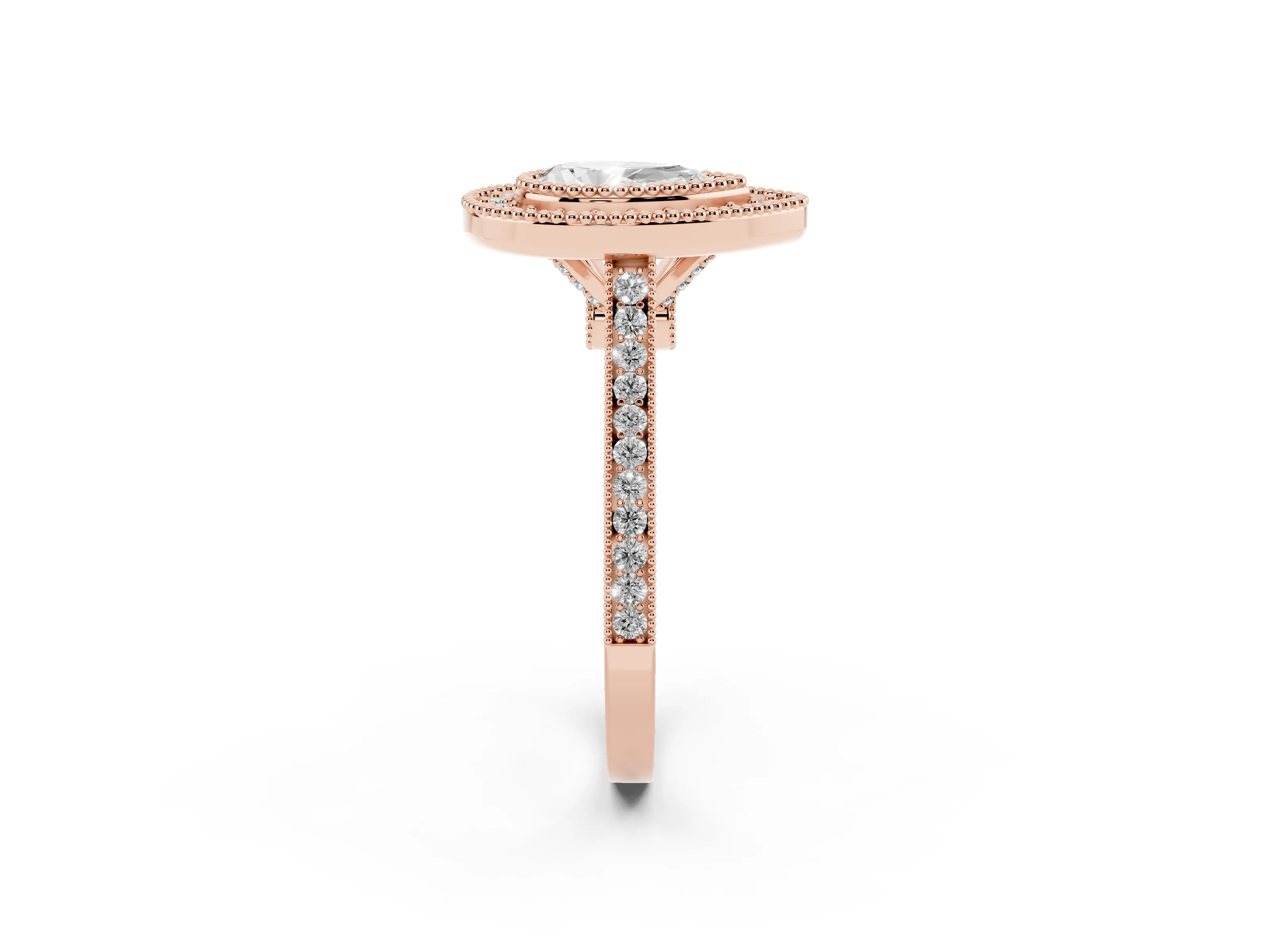 Pear Cut Diamond Halo Ring Set in Rose gold with Milgrain Frame and Pavé Band