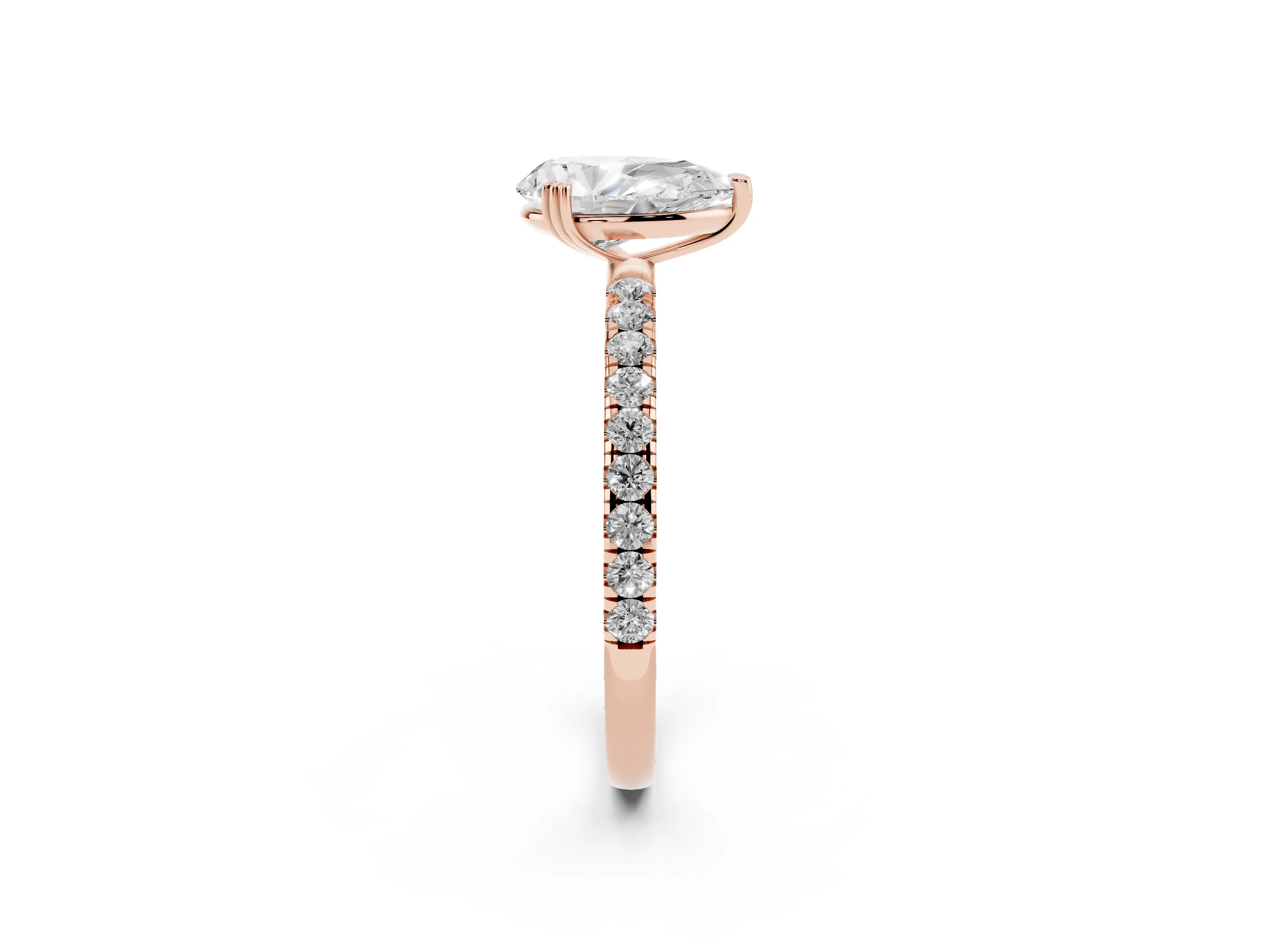 Pear Cut Diamond Brilliant Solitaire Set in Rose gold with Pavé Band and Claw Prong Setting