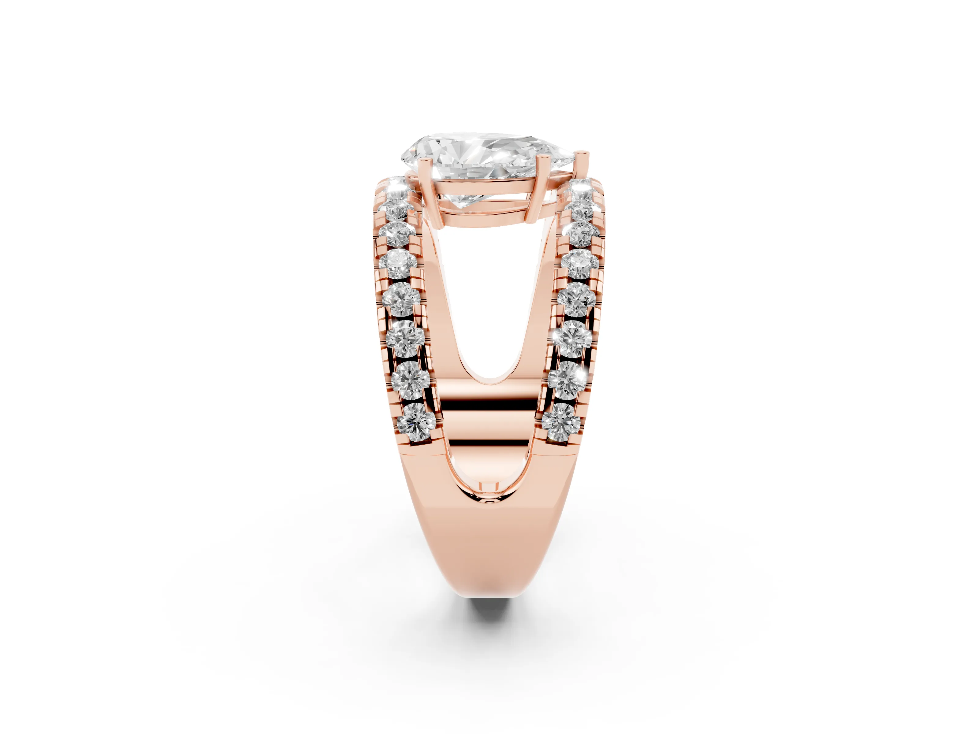 Pear Cut Diamond Split Shank Pavé Solitaire Ring Set in Rose gold with Open Shank Design