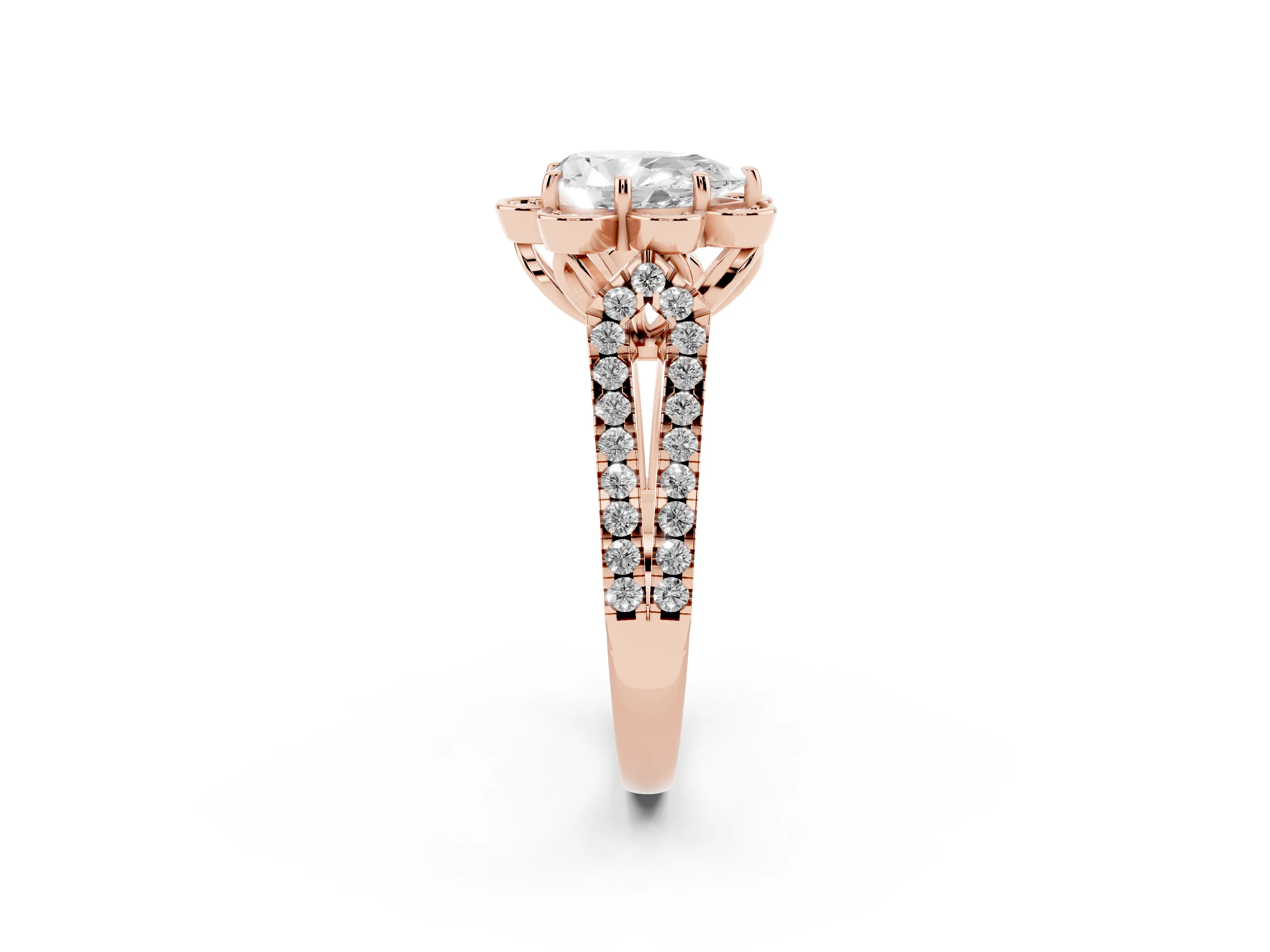 Pear Cut Diamond Floral Halo Split Shank Engagement Ring Set in Rose gold with Pavé Shank