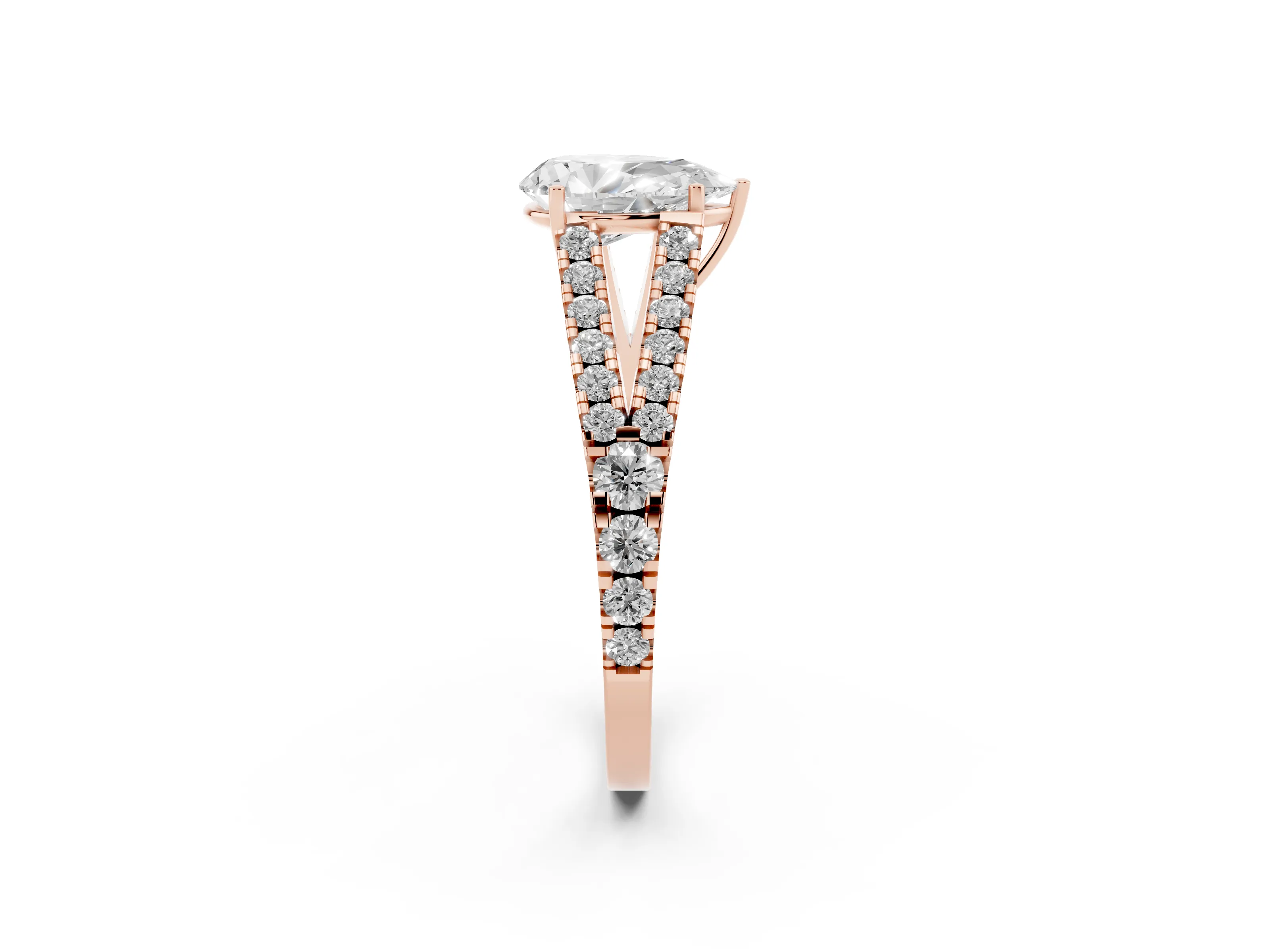 Pear Cut Diamond Split Shank Pavé Engagement Ring Set in Rose gold with Prong-Held Center Stone