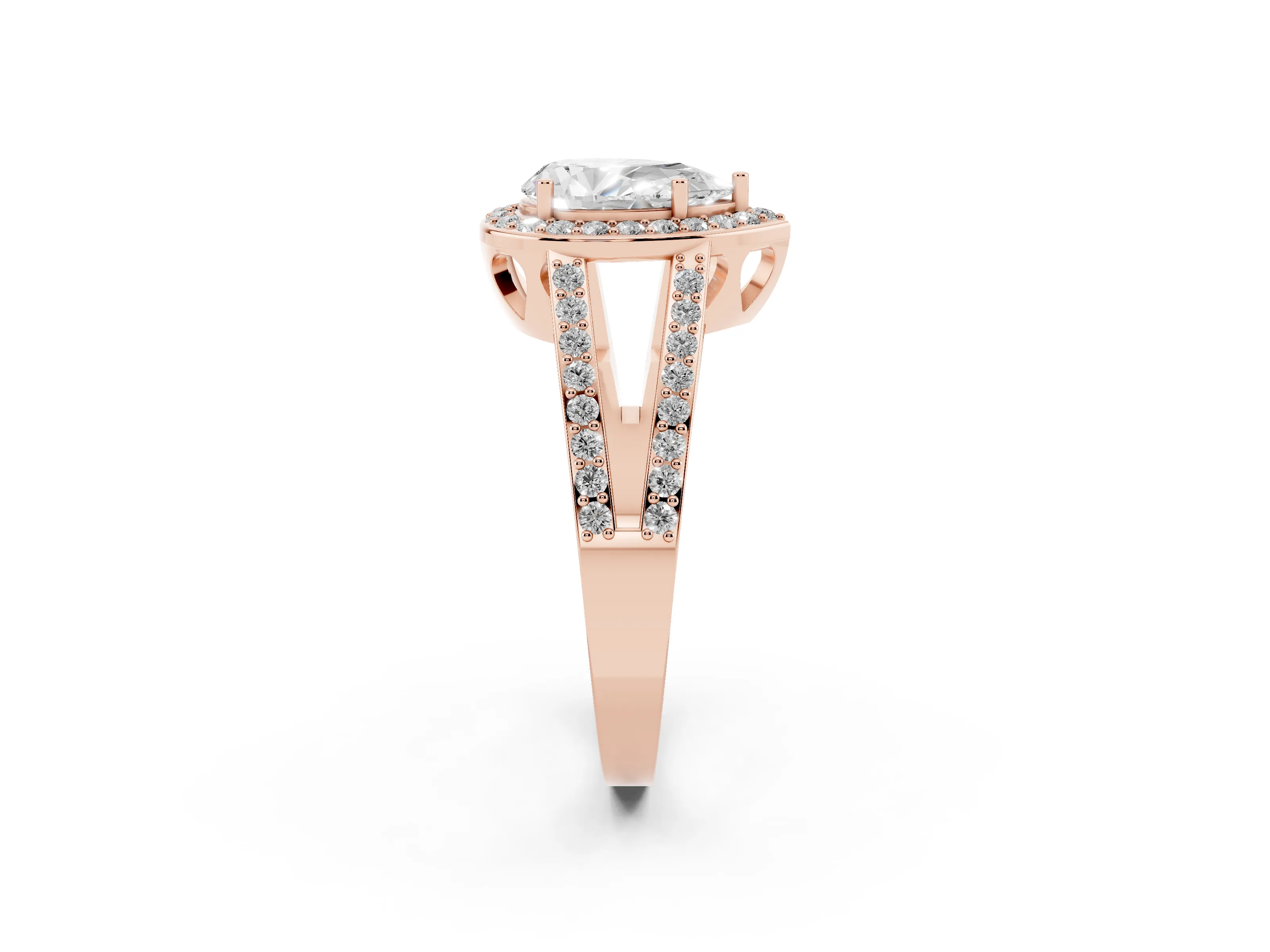 Pear Cut Diamond Halo Ring Set in Rose gold with U-Prong Split Shank and Prong Setting