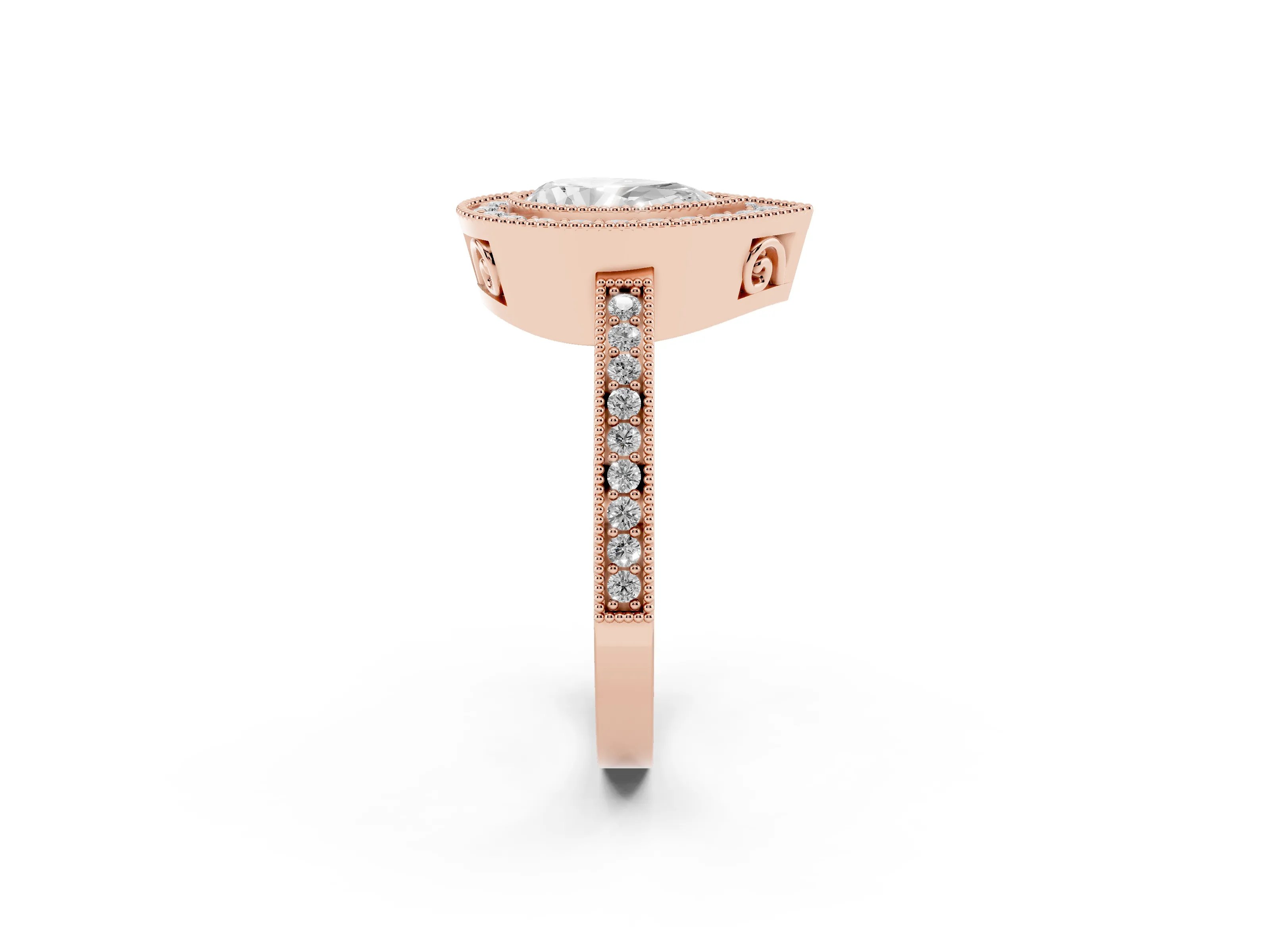 Pear Cut Diamond Round Halo Ring Set in Rose gold with Pavé Band