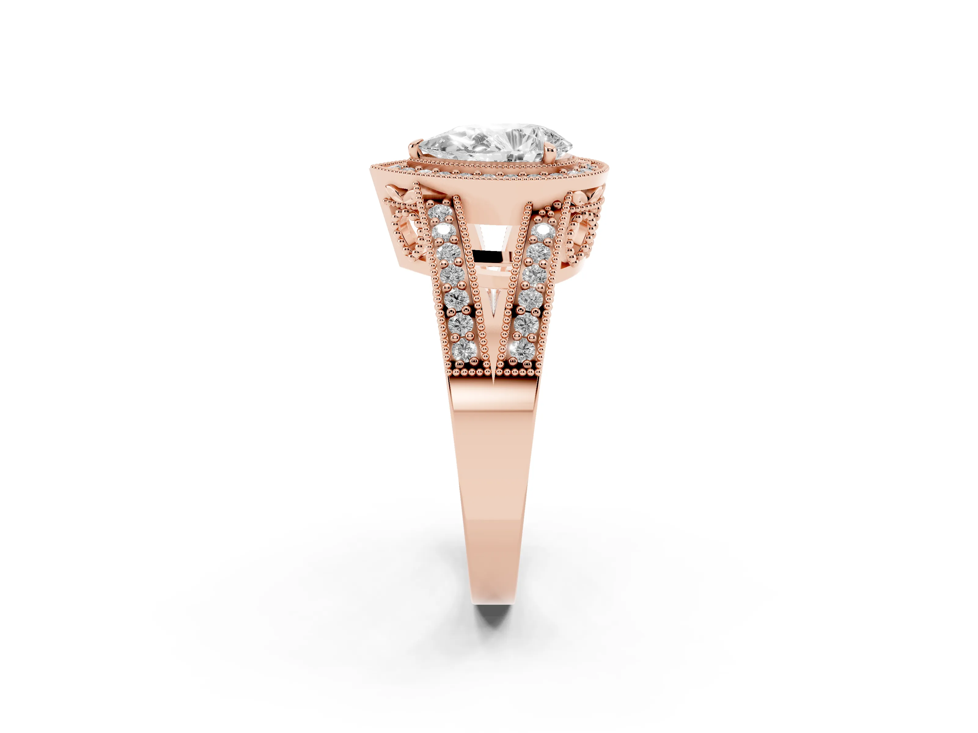 Pear Cut Diamond Halo Ring Set in Rose gold with Stone-Set Split Shank and Milgrain Edges