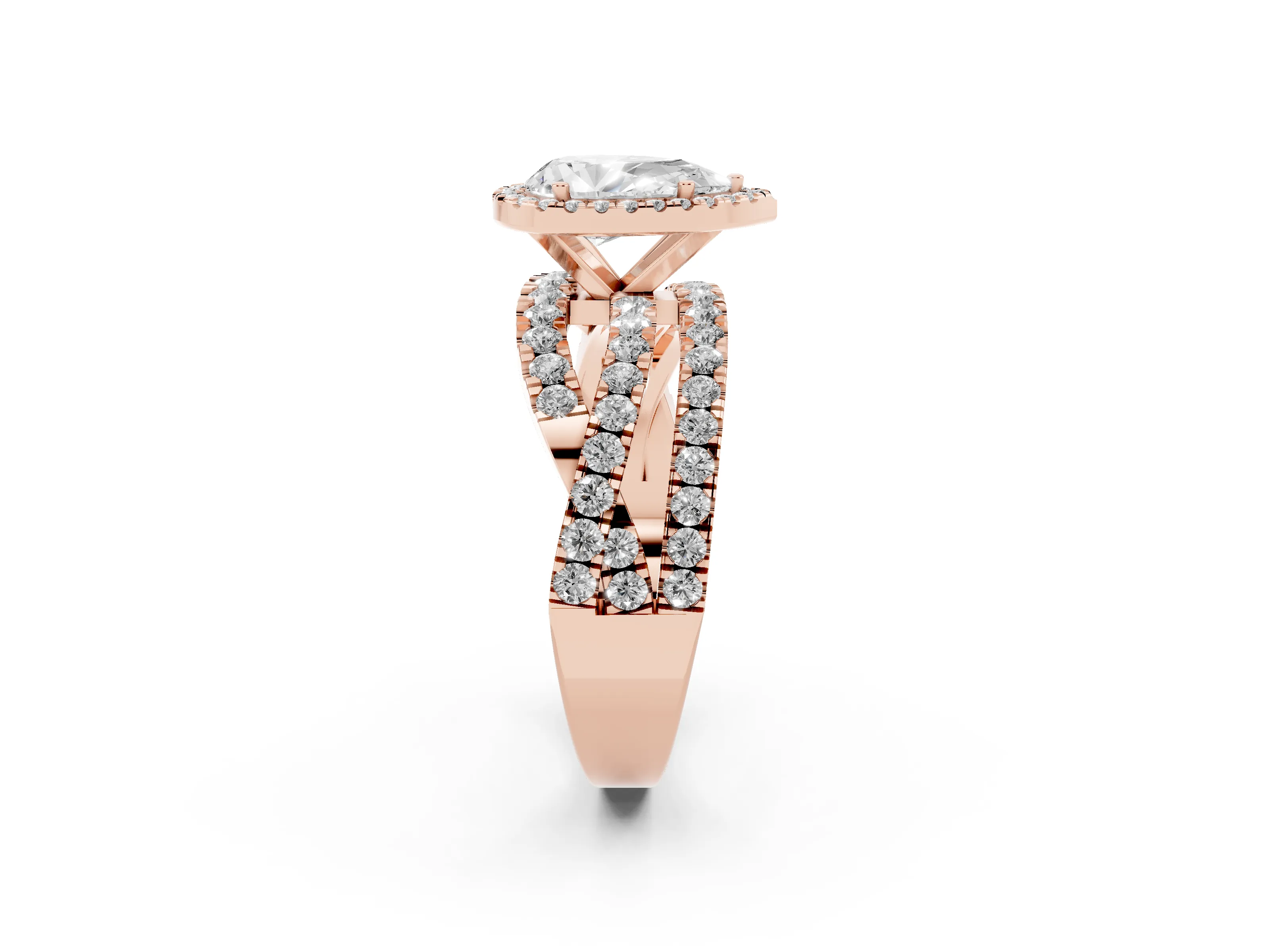 Pear Cut Diamond Halo Ring Set in Rose gold with Round Crossover Split Shank and Prong Setting