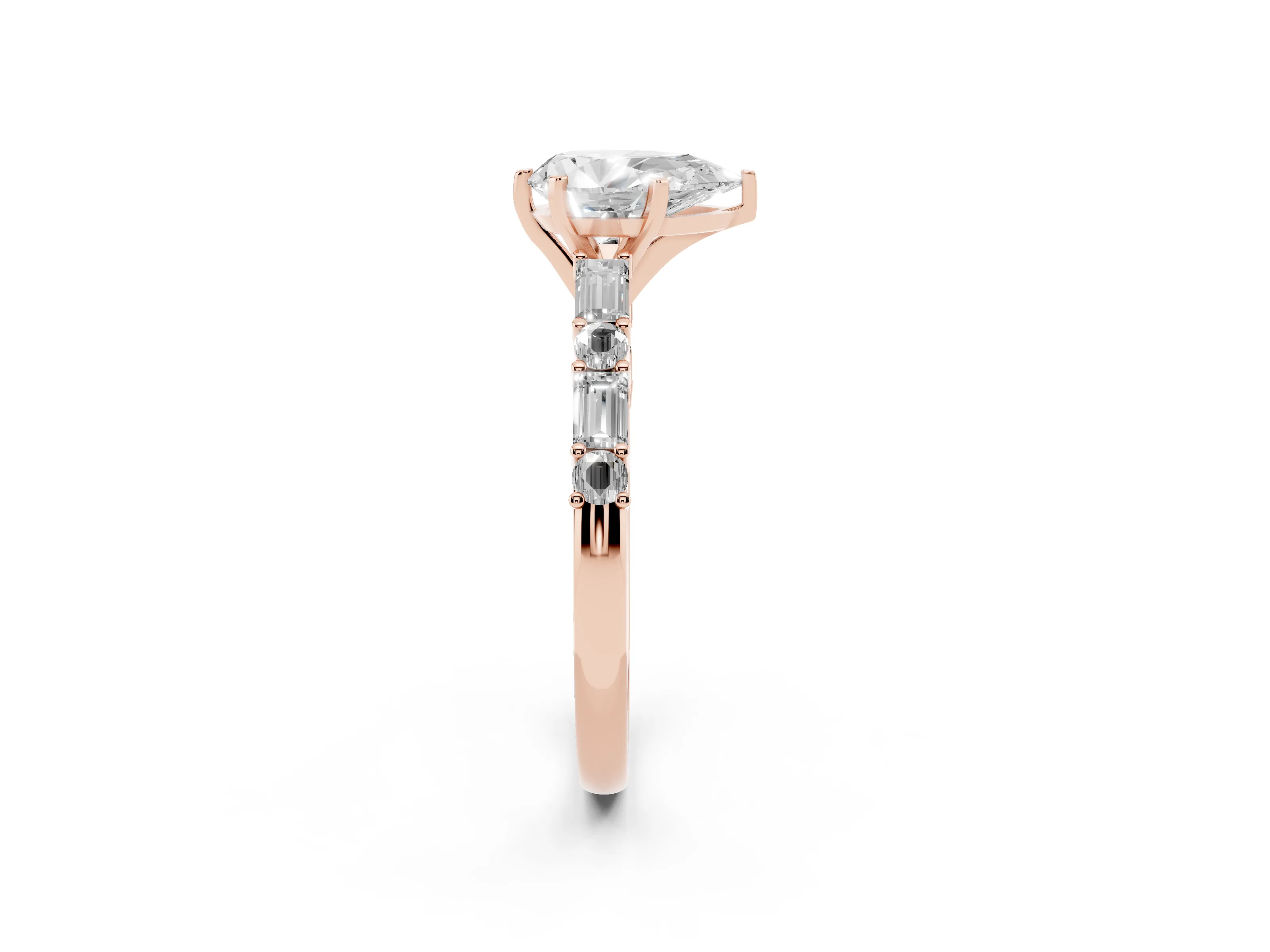 Pear Cut Diamond Solitaire Set in Rose gold with Side Baguettes and Channel Set Band
