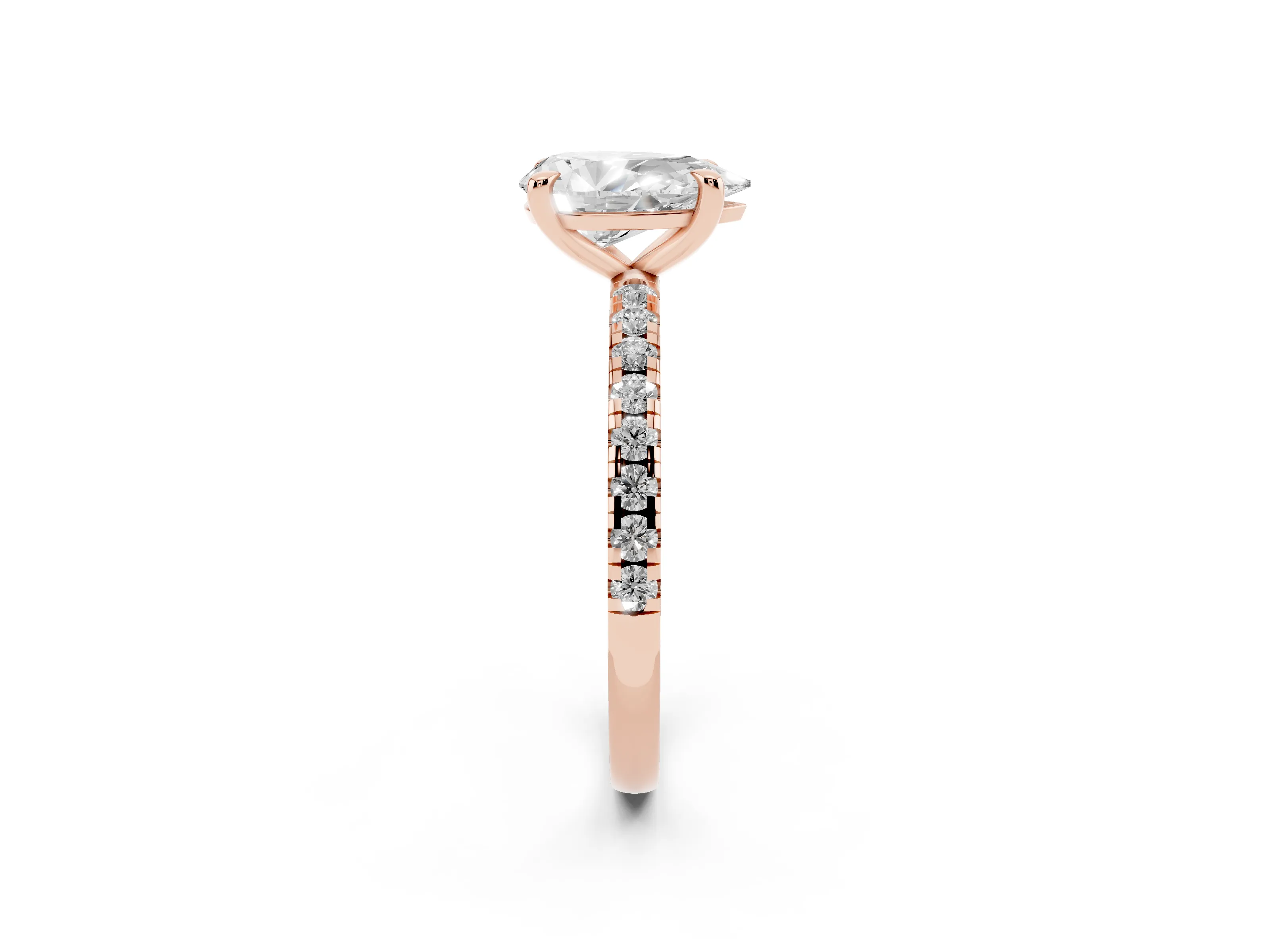 Pear Cut Diamond Brilliant Solitaire Ring Set in Rose gold with Pavé Band and Prong Setting
