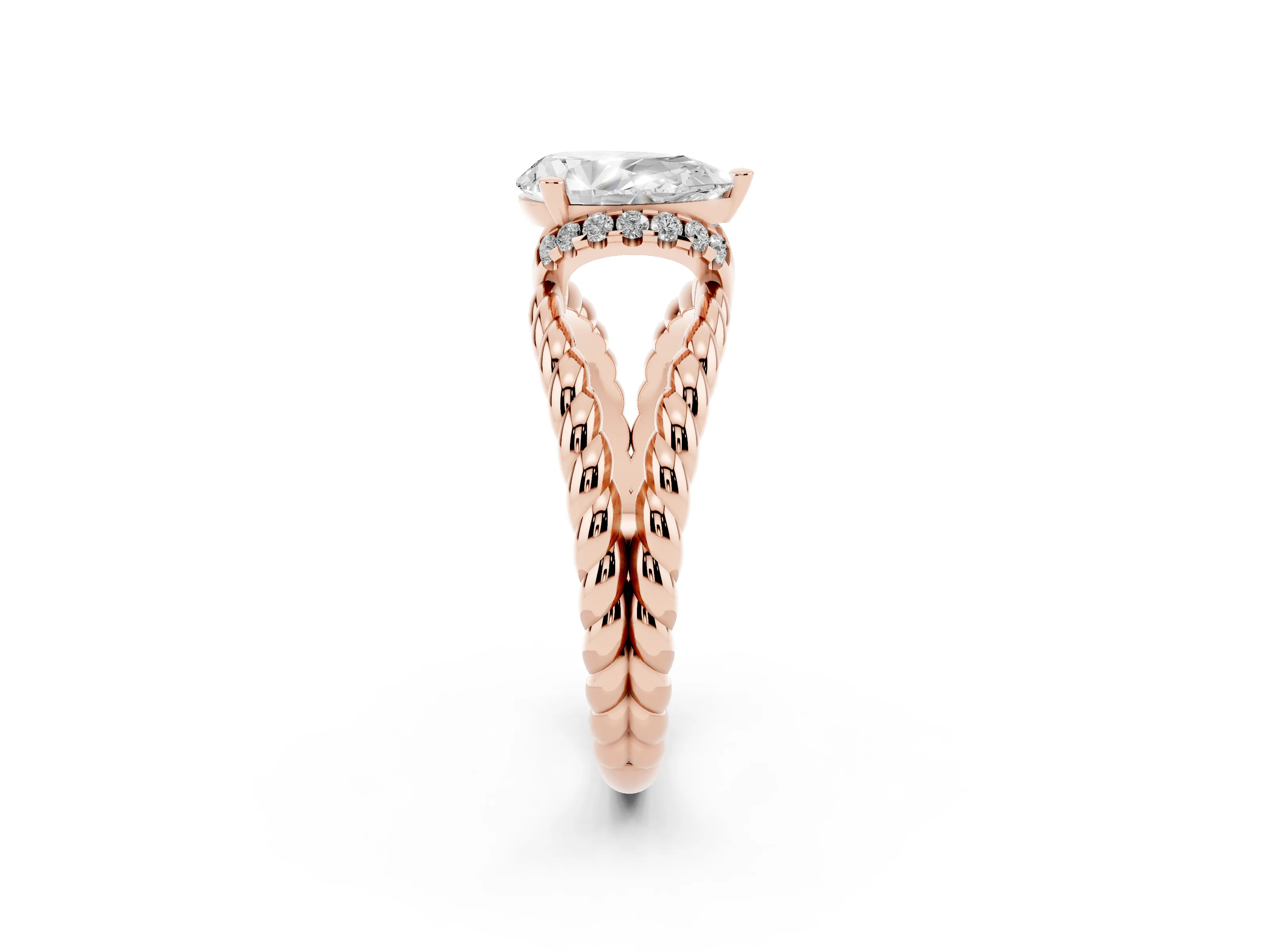 Pear Cut Diamond Halo Ring Set in Rose gold with Twisted Band and Prong Setting