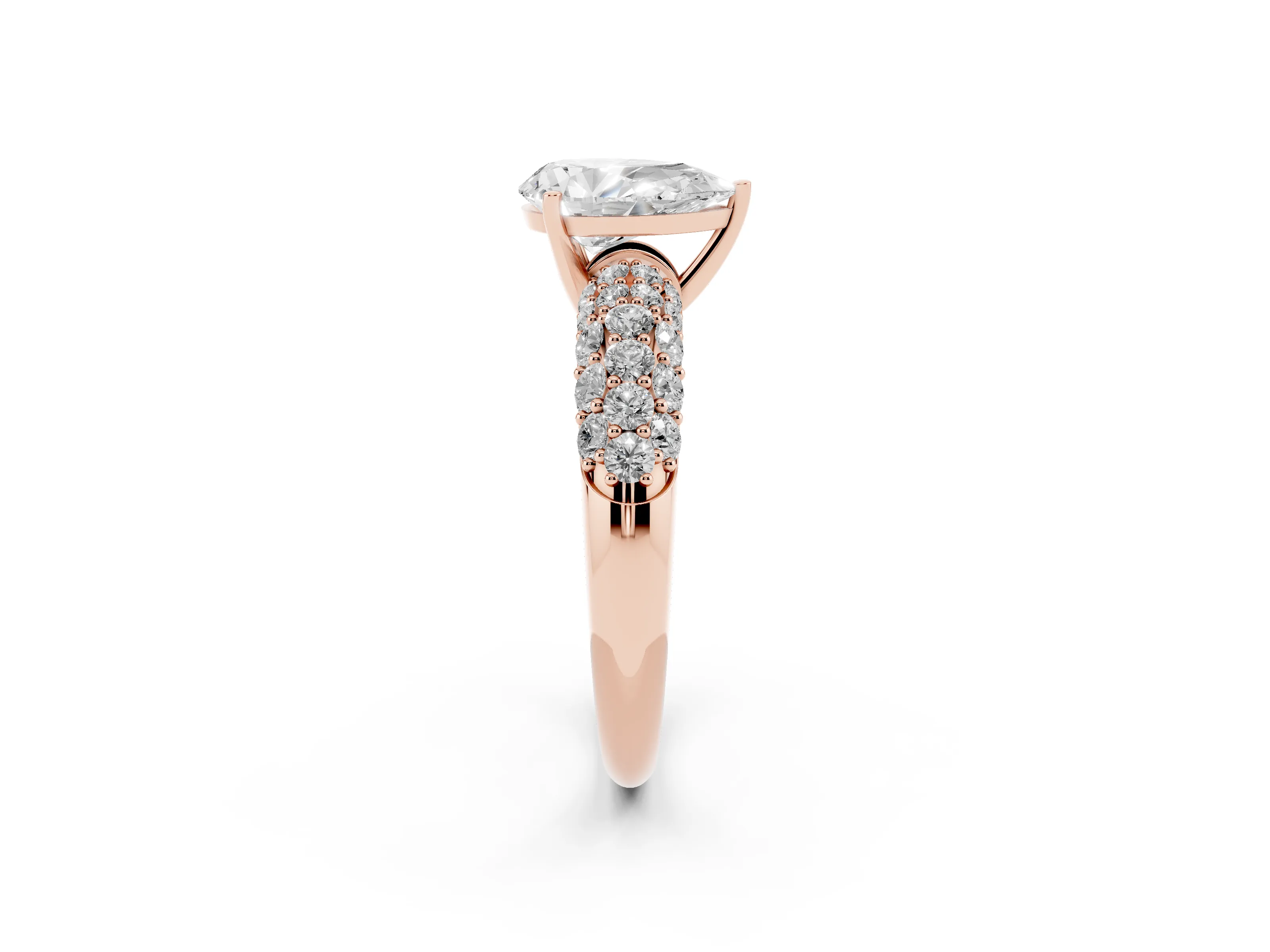Pear Cut Diamond Pavé Band Solitaire Ring Set in Rose gold with Close-Set Accent Stones and Prong Setting