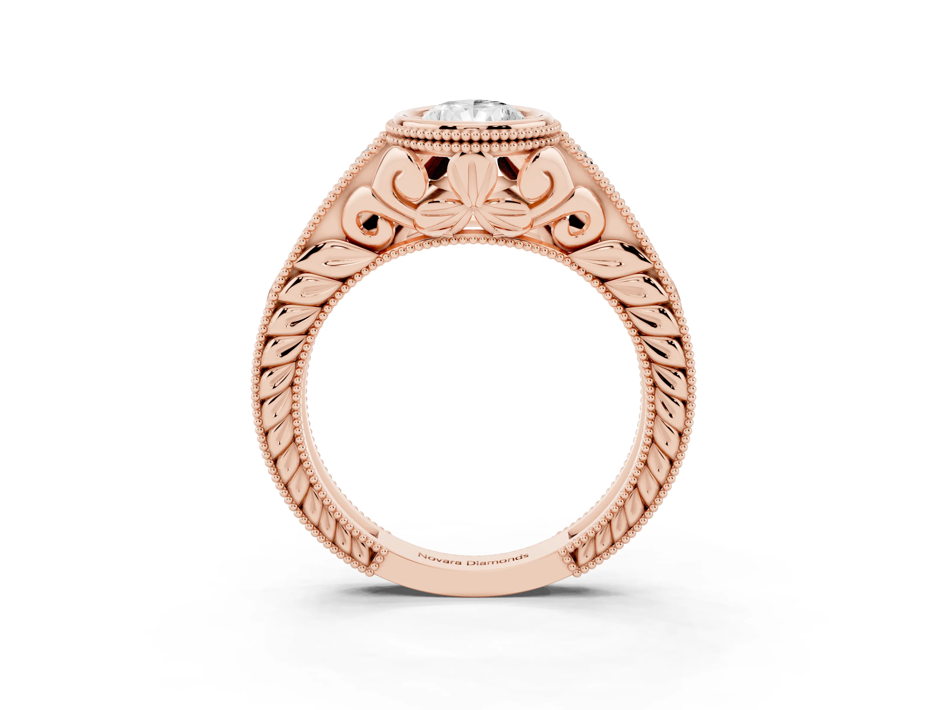 Bezel Set Pear Cut Diamond Milgrain Pavé Engagement Ring Set in Rose gold