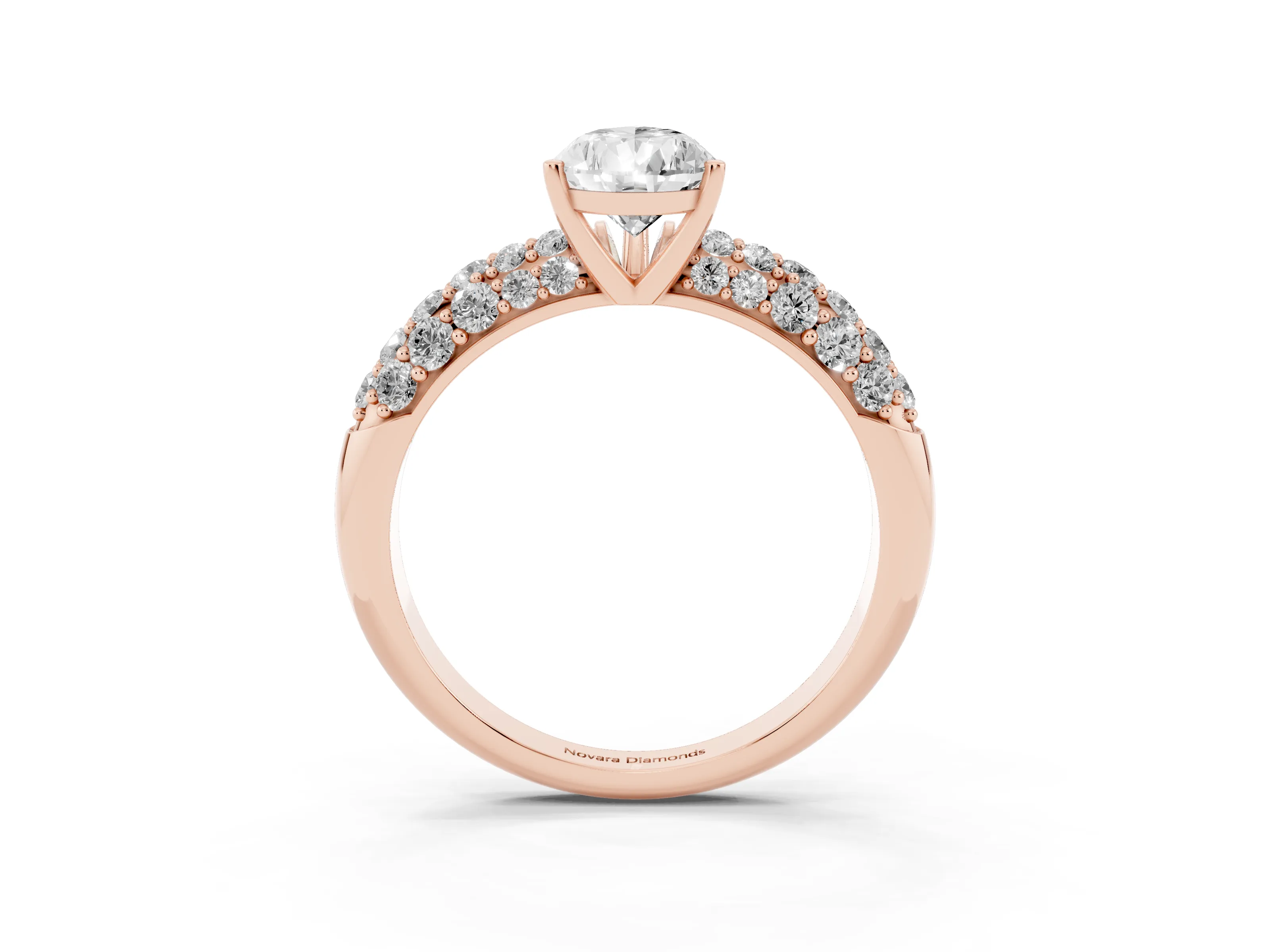 Pear Cut Diamond Pavé Band Solitaire Ring Set in Rose gold with Close-Set Accent Stones and Prong Setting