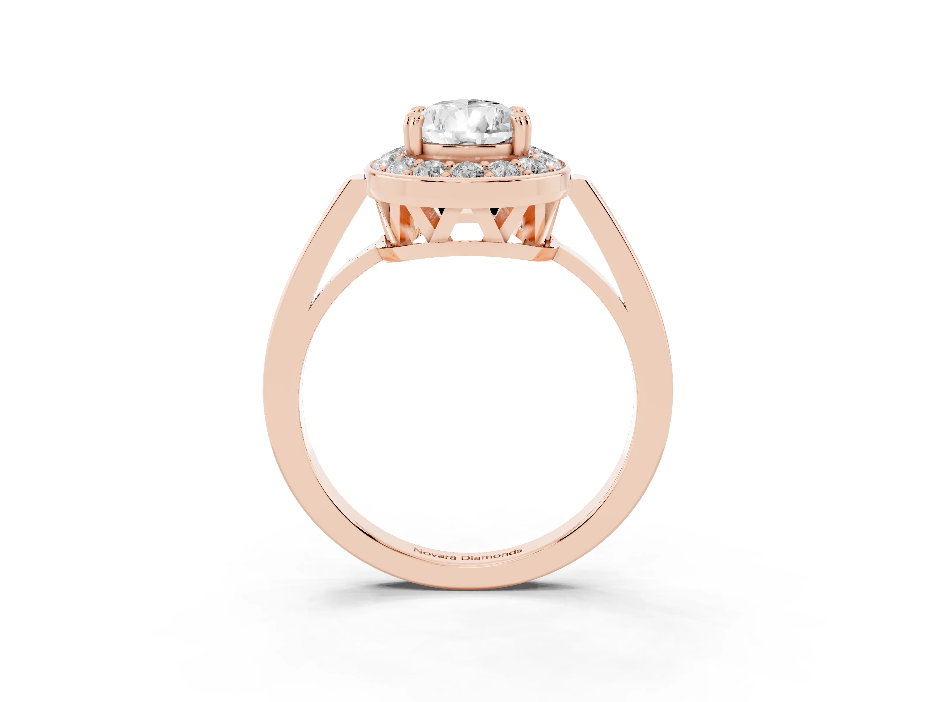 Pear Cut Diamond Halo Ring Set in Rose gold with Accent-Lined Split Shank and Prong Setting