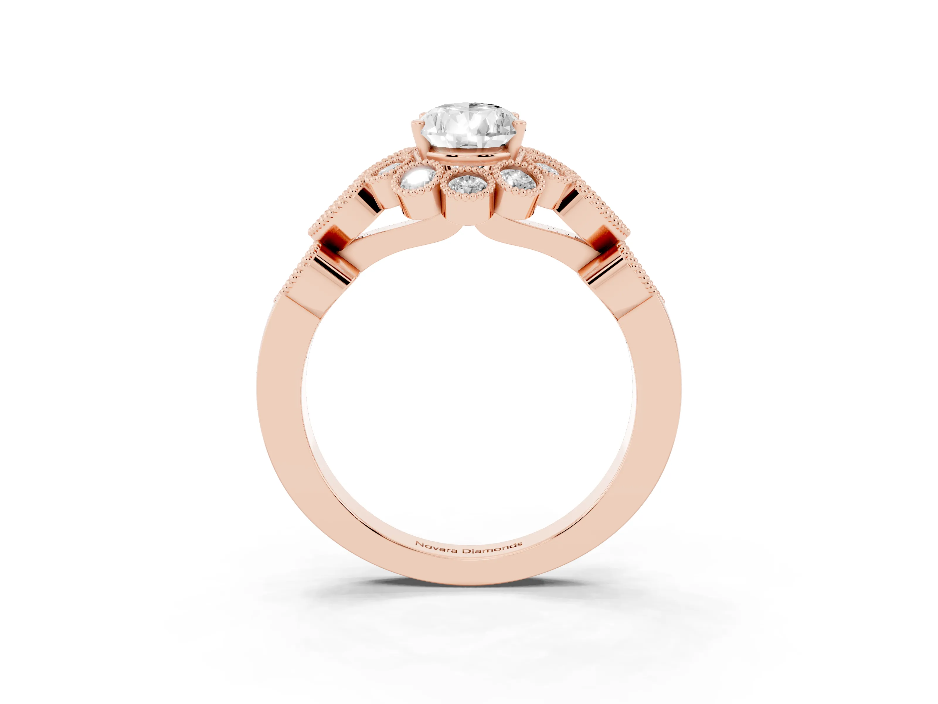 Pear Cut Diamond Solitaire Ring Set in Rose gold with Milgrain Pavé Heart Band