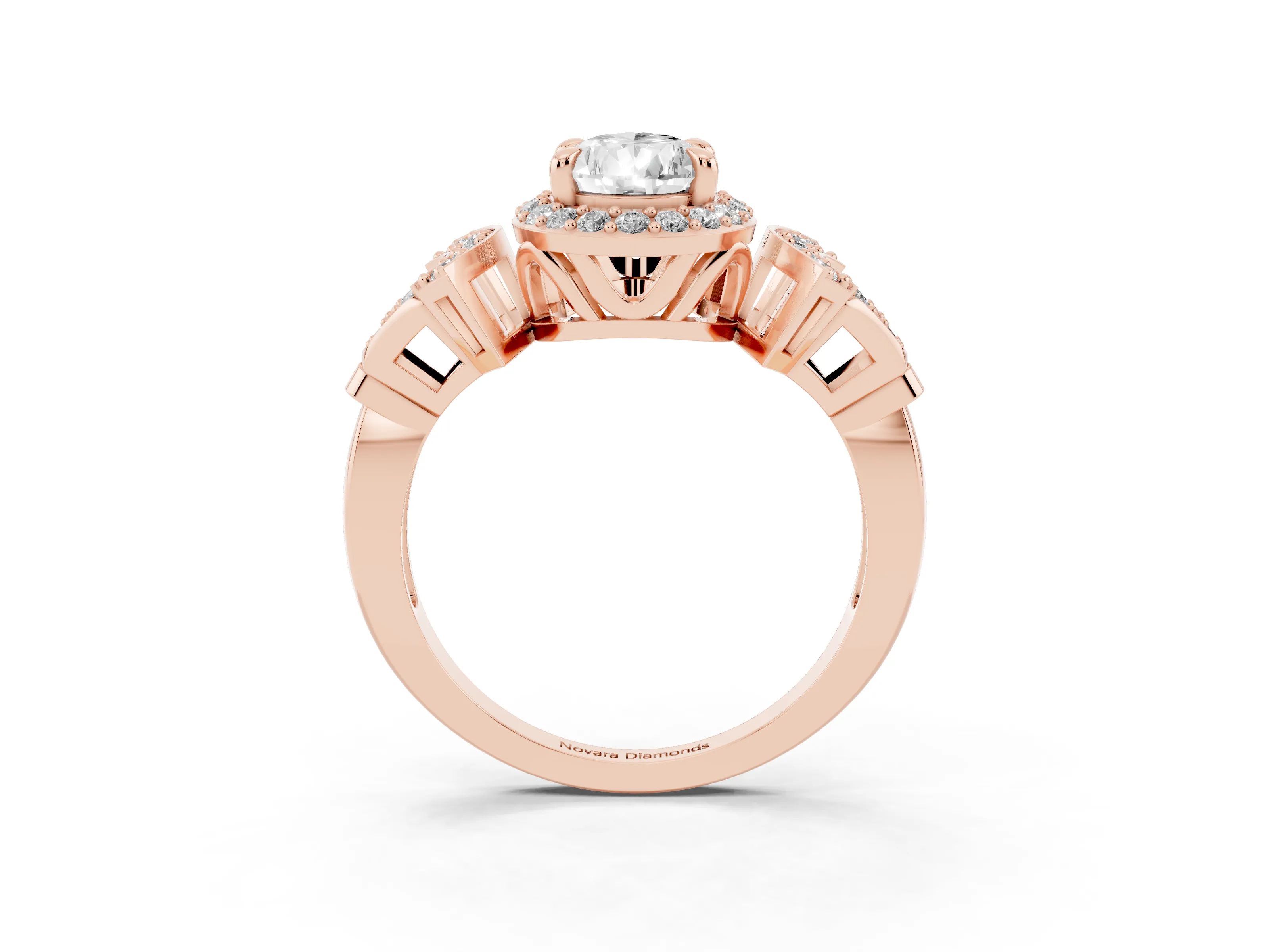Pear Cut Diamond Halo Engagement Ring Set in Rose gold with Accent Stone Split Shank