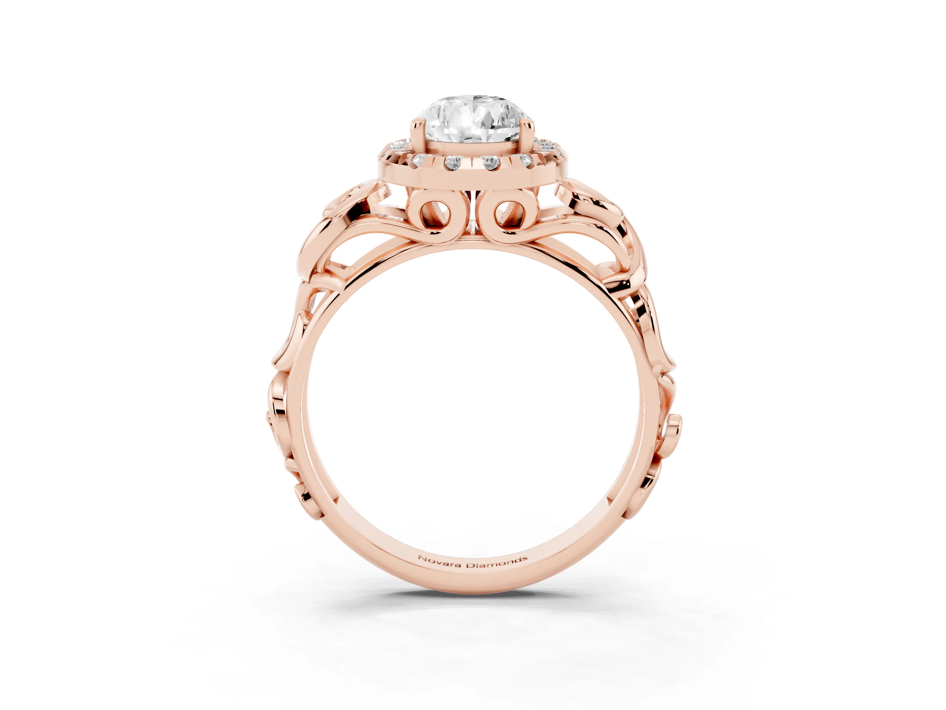 Pear Cut Diamond Halo Ring Set in Rose gold with Scrollwork Band and Prong Setting
