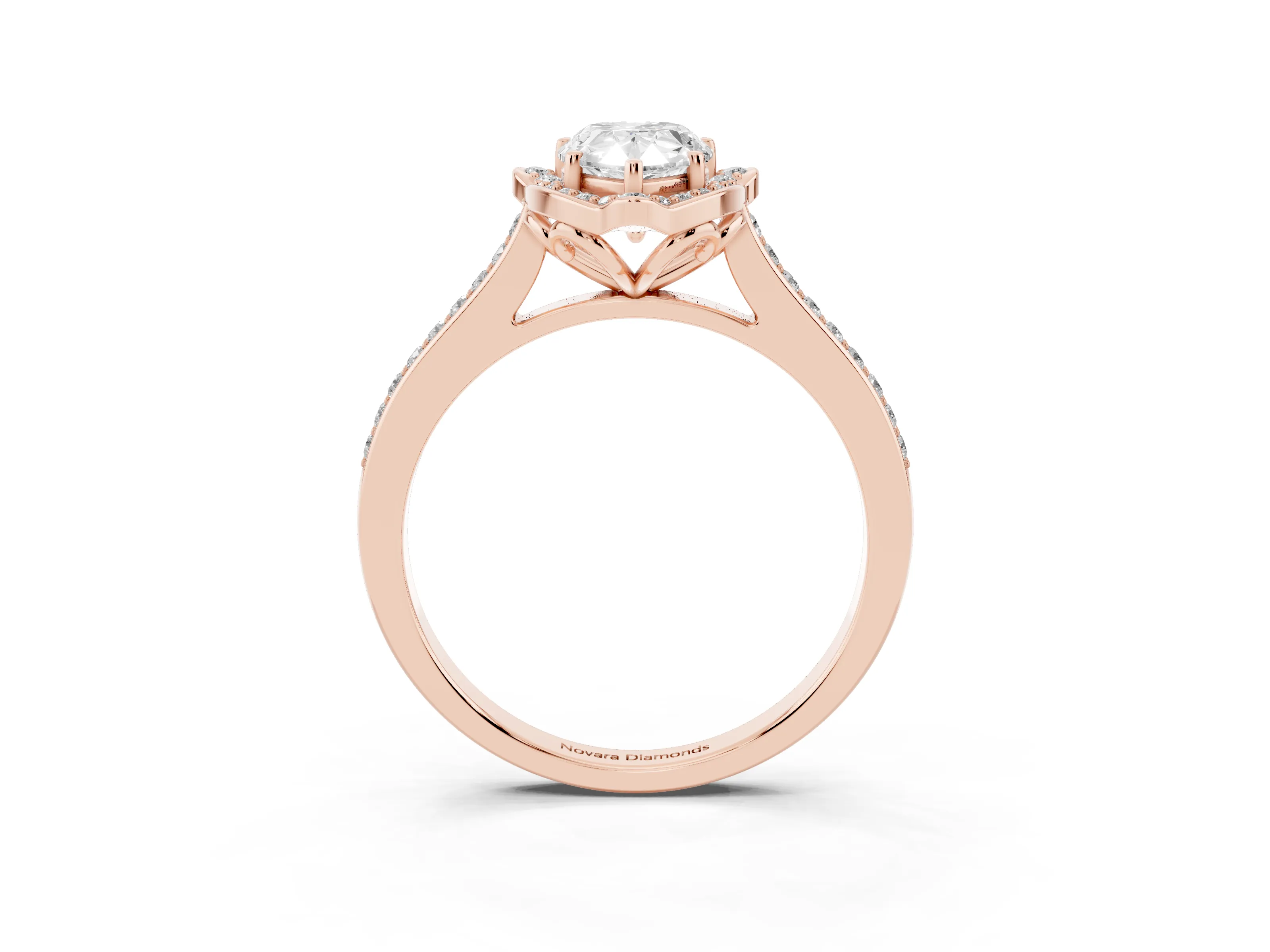 Pear Cut Diamond Halo Ring Set in Rose gold with Pavé-Lined Shoulders and Prong Setting