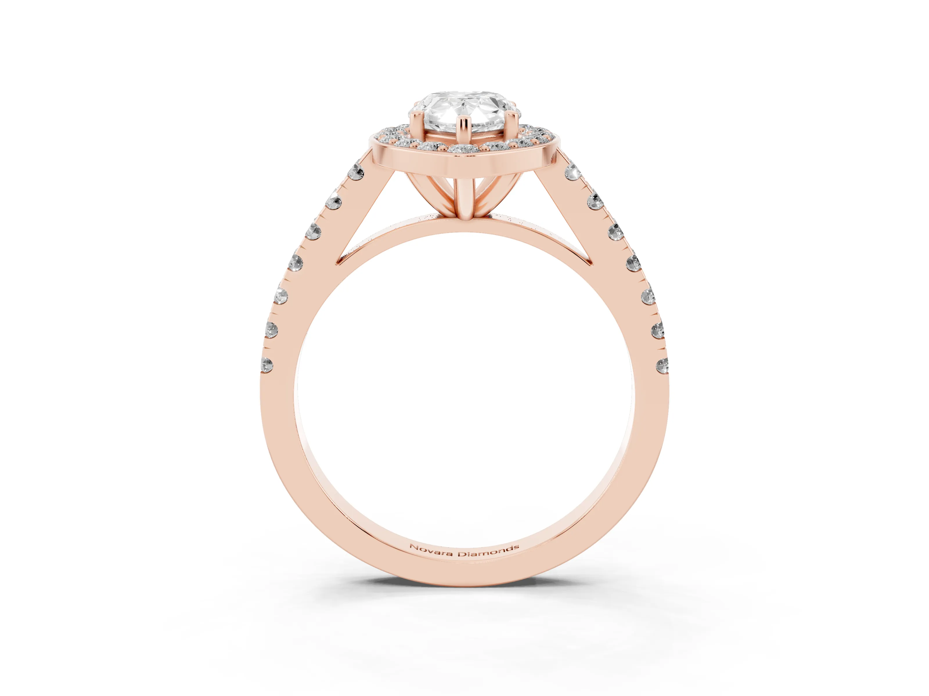 Pear Cut Diamond Halo Ring Set in Rose gold with Round Pavé Split Shank and Prong Setting