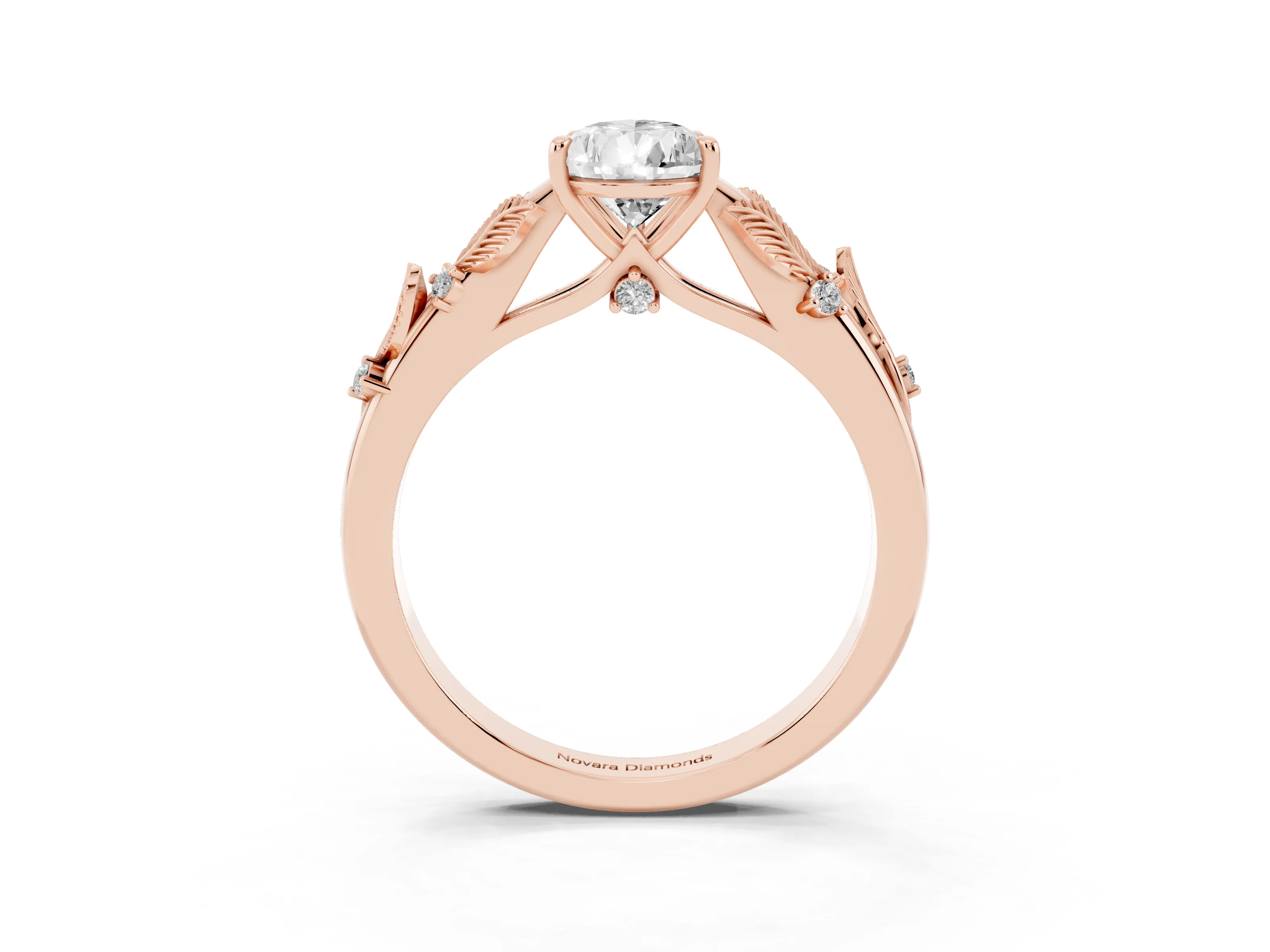 Pear Cut Diamond Solitaire Ring Set in Rose gold with Leaf Motif Band