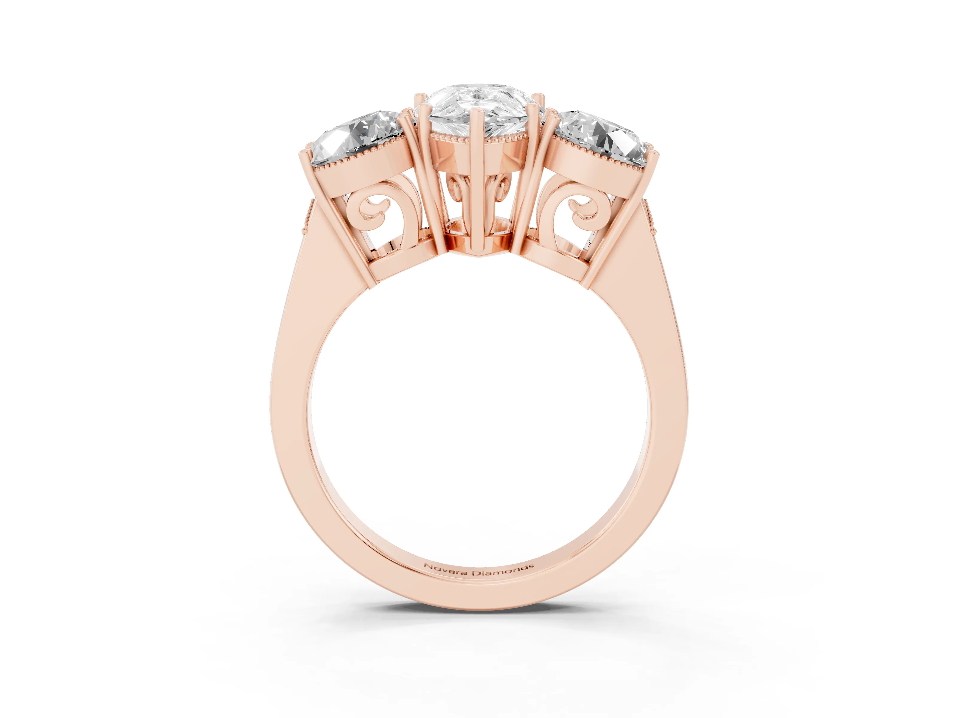 Pear Cut Diamond Three-Stone Engagement Ring Set in Rose gold with Polished Band
