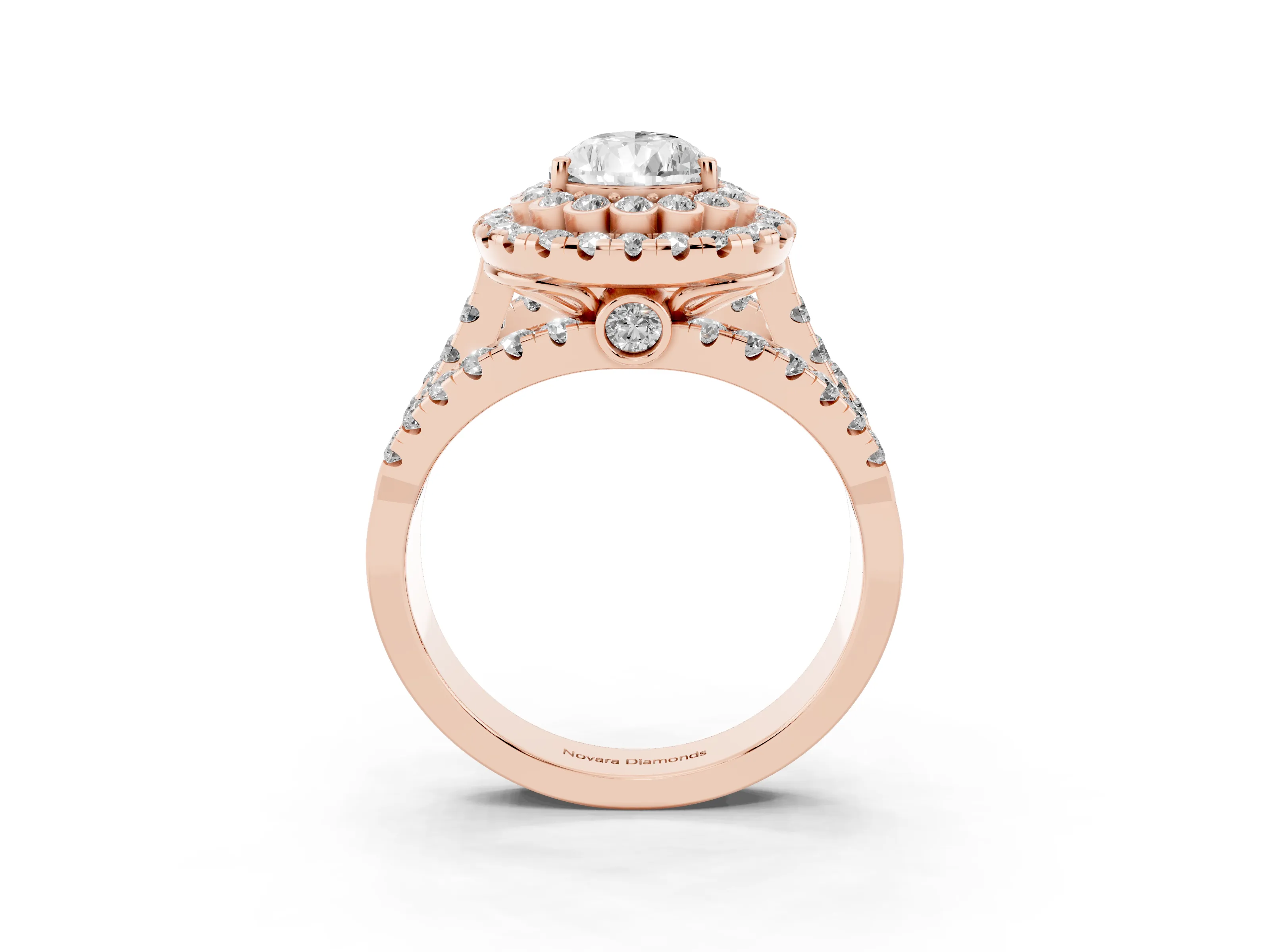 Pear Cut Diamond Double Halo Ring Set in Rose gold with Round Pavé Split Shank