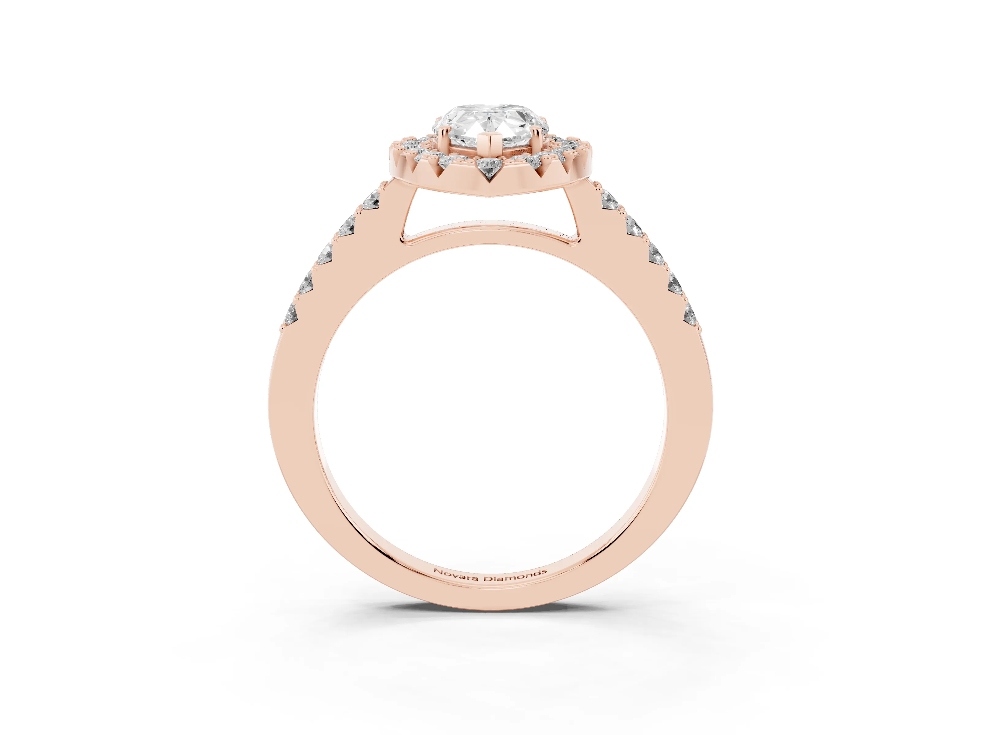 Pear Cut Diamond Halo Pavé Solitaire Ring Set in Rose gold with Prong-Set Center Stone