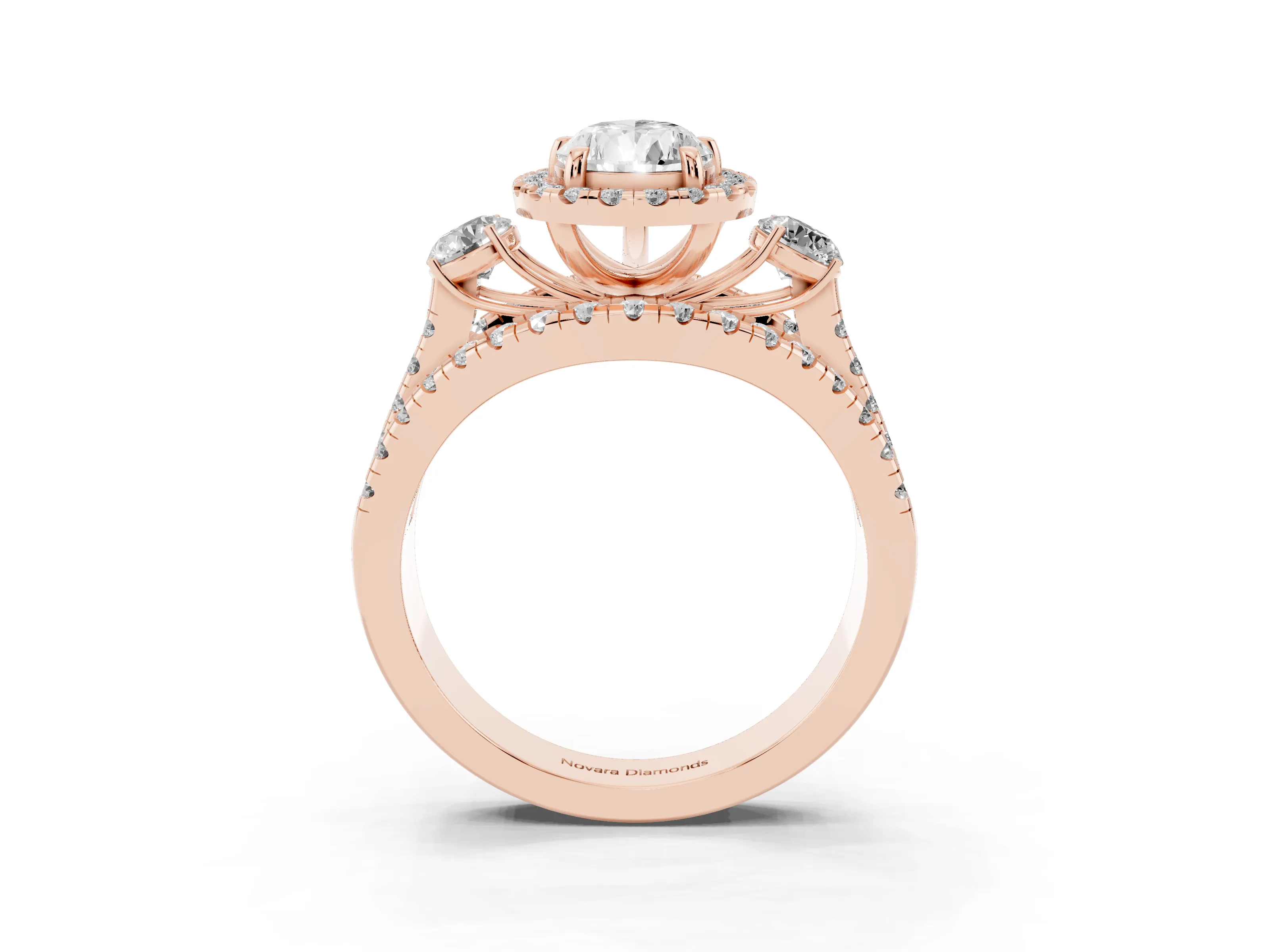 Pear Cut Diamond Halo Split Shank Ring Set in Rose gold with Round Accent Stones and Prong Setting