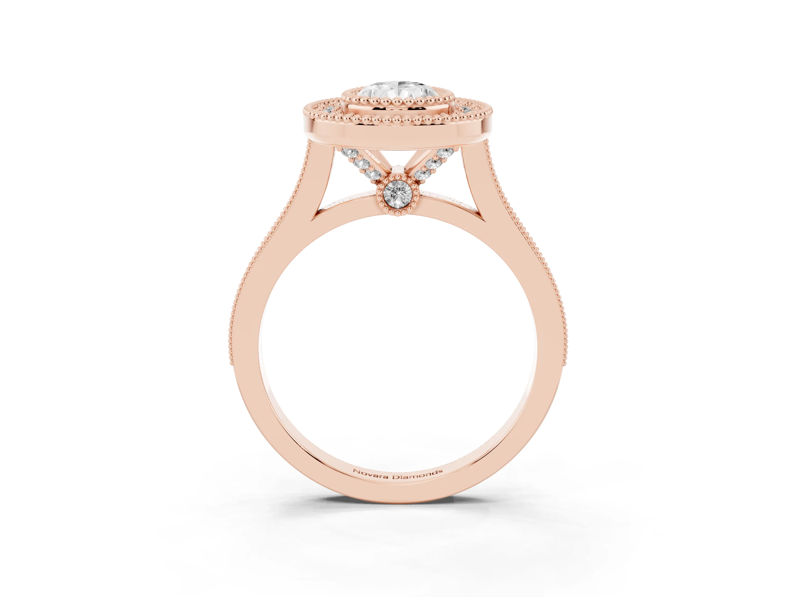 Pear Cut Diamond Halo Ring Set in Rose gold with Milgrain Frame and Pavé Band