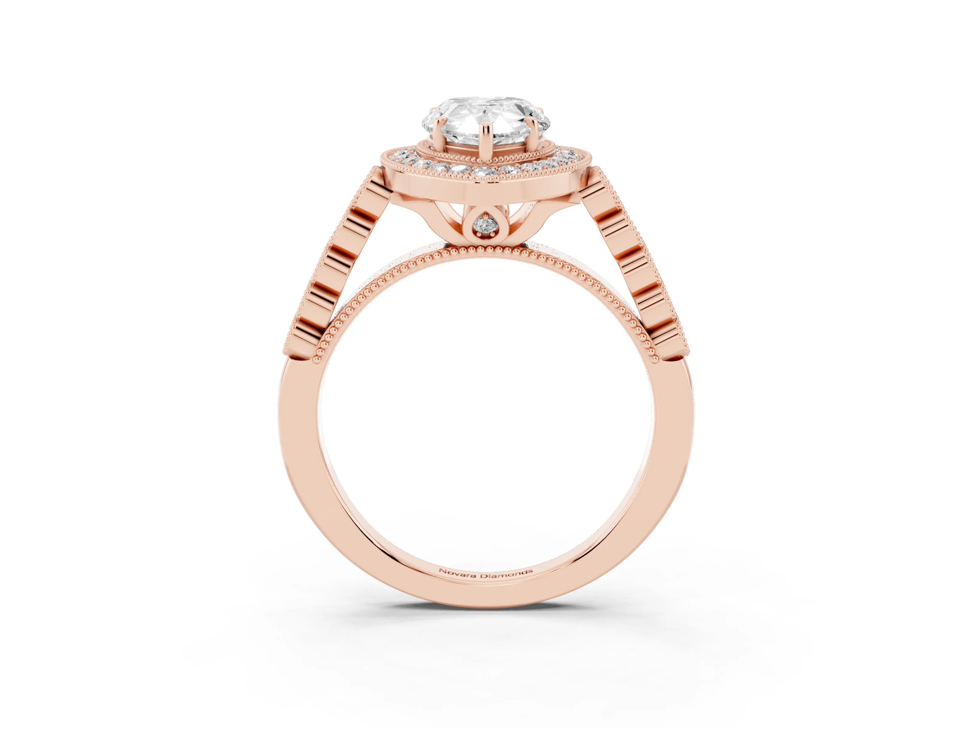 Pear Cut Diamond Milgrain Halo Solitaire Ring Set in Rose gold with Bezel Set Side Stones and Pavé Band
