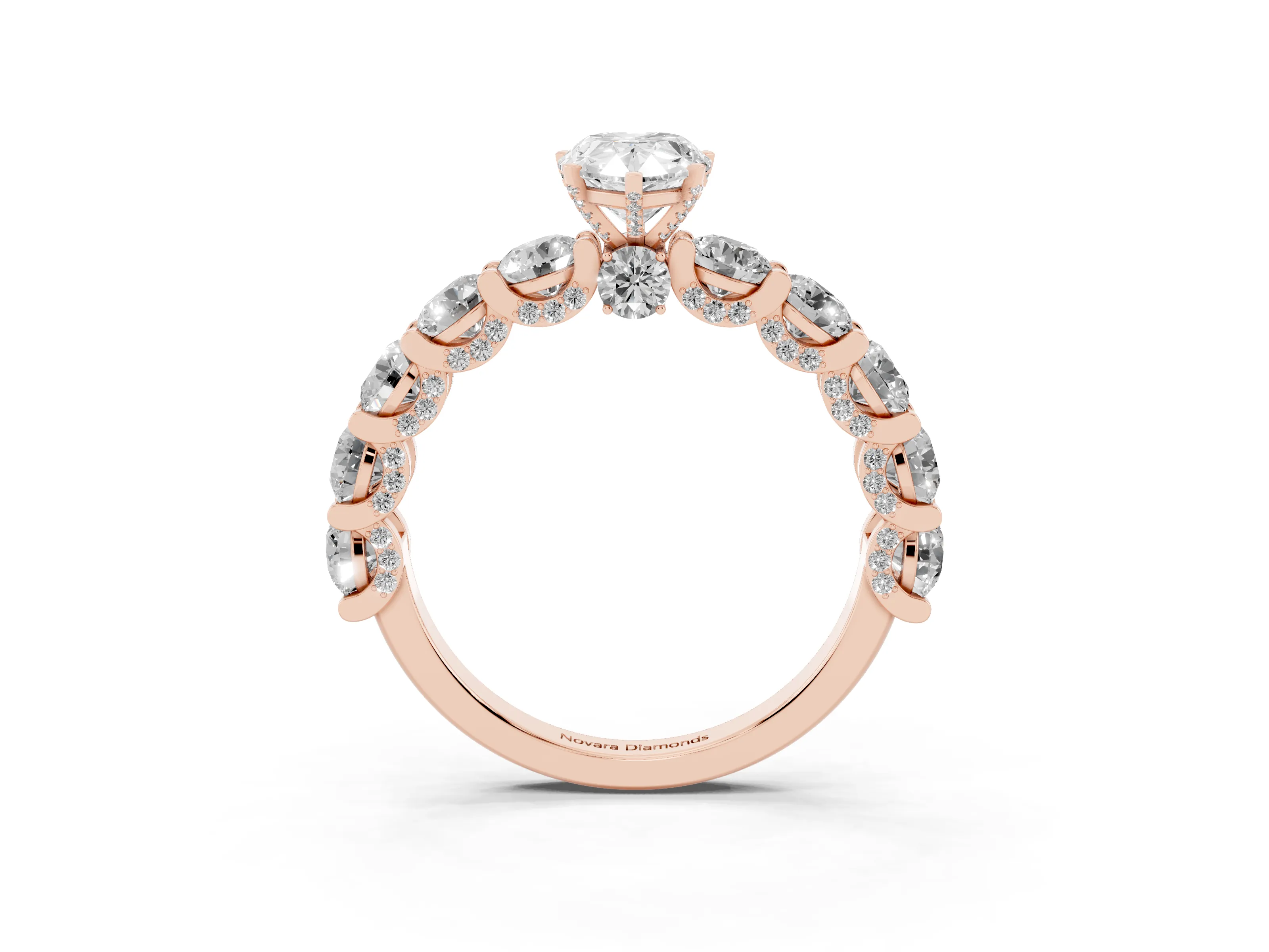 Pear Cut Diamond Side Stone Ring Set in Rose gold with Alternating Round and Oval Side Stones