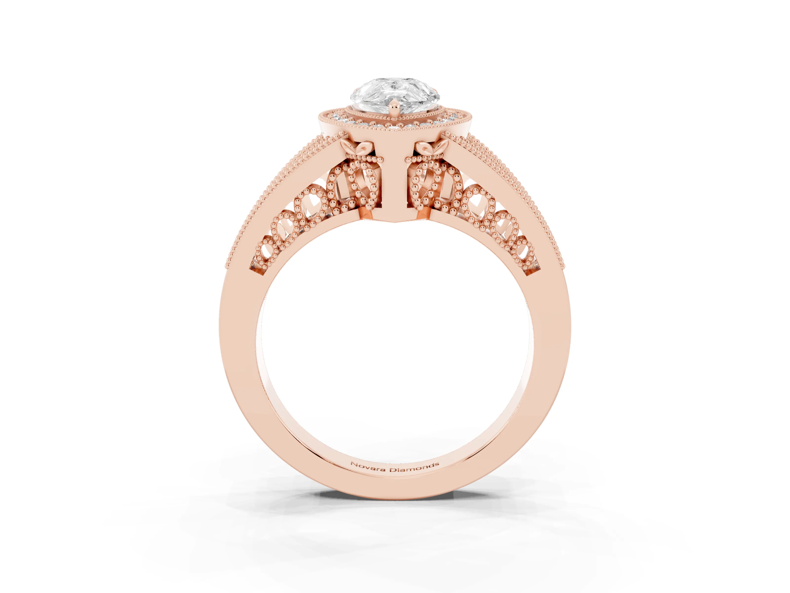 Pear Cut Diamond Halo Ring Set in Rose gold with Stone-Set Split Shank and Milgrain Edges