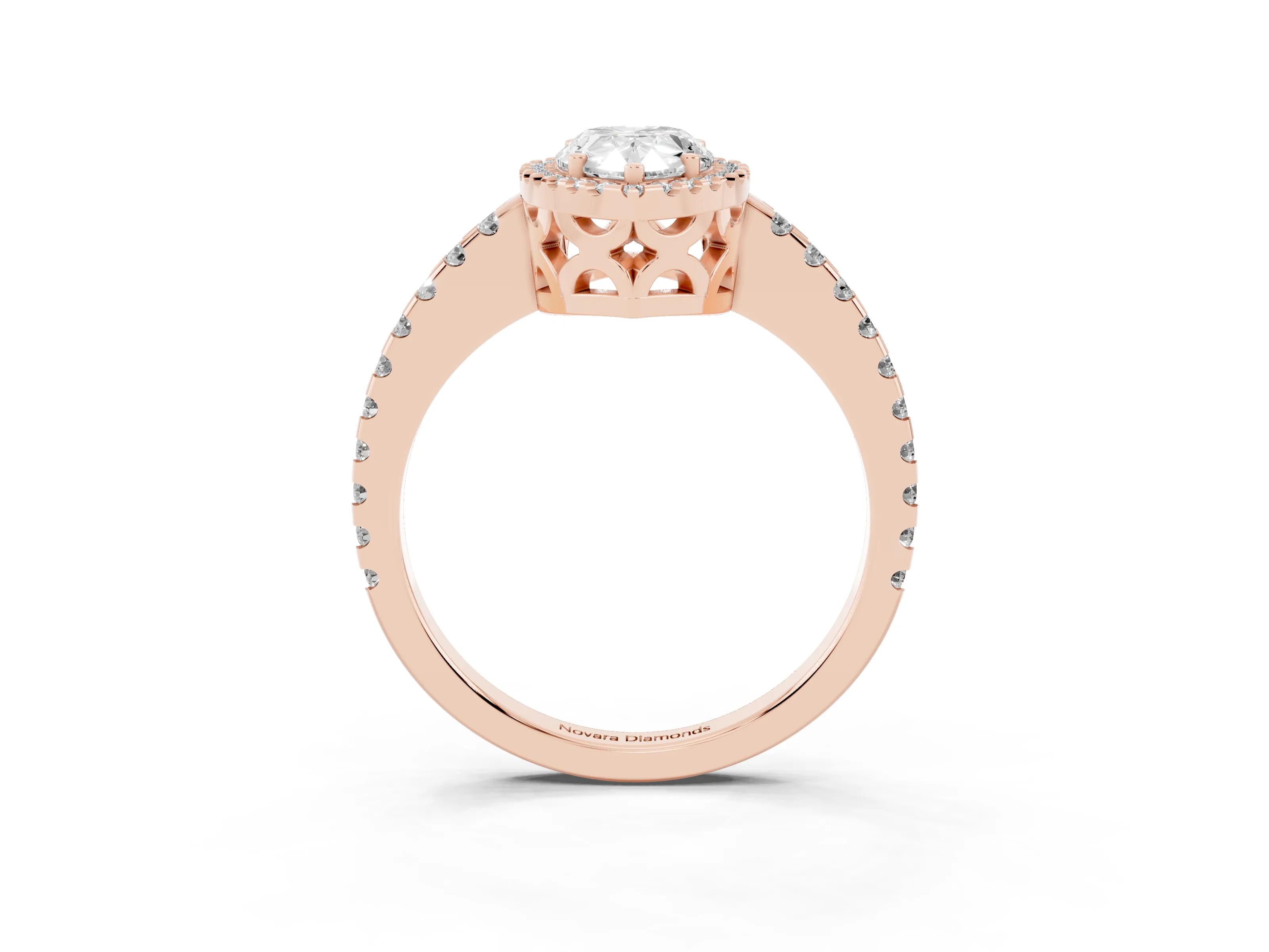 Pear Cut Diamond Halo Ring Set in Rose gold with Pavé Shoulders and Halo-Framed Center