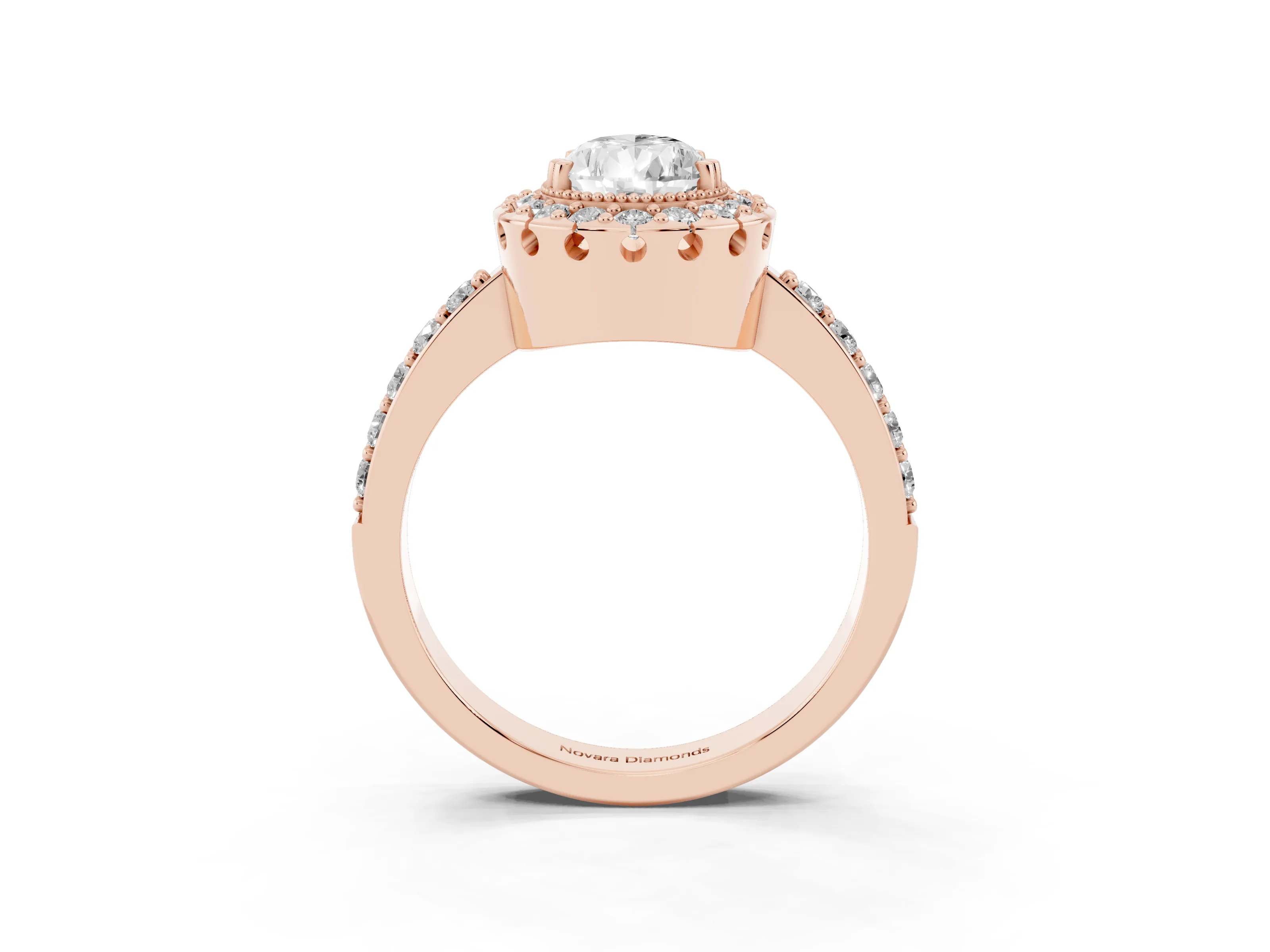 Pear Cut Diamond Halo Ring Set in Rose gold with Pavé Shank and Prong Setting