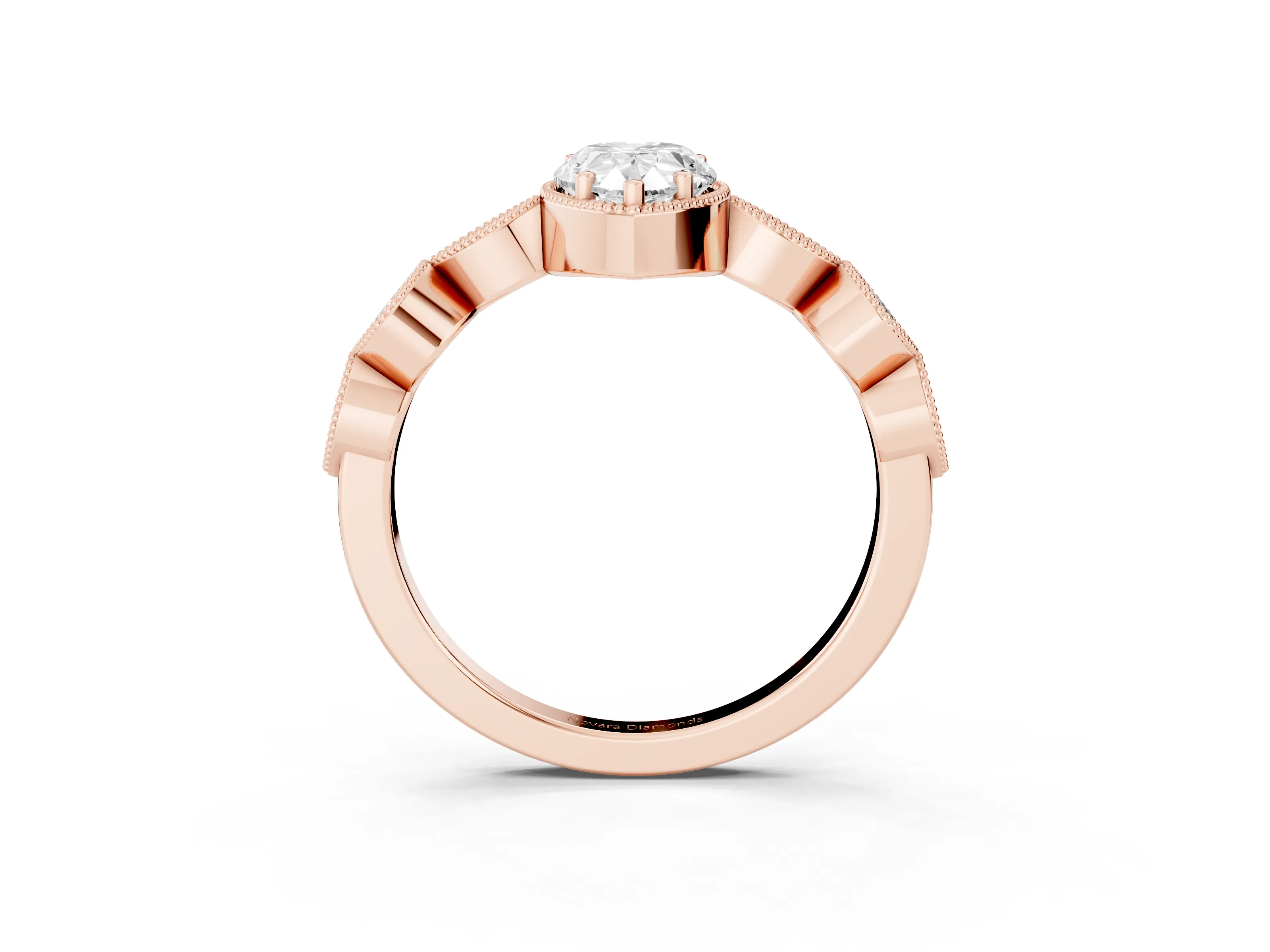 Pear Cut Diamond Vintage-Inspired Milgrain Ring Set in Rose gold with Marquise Stations of Round Accents
