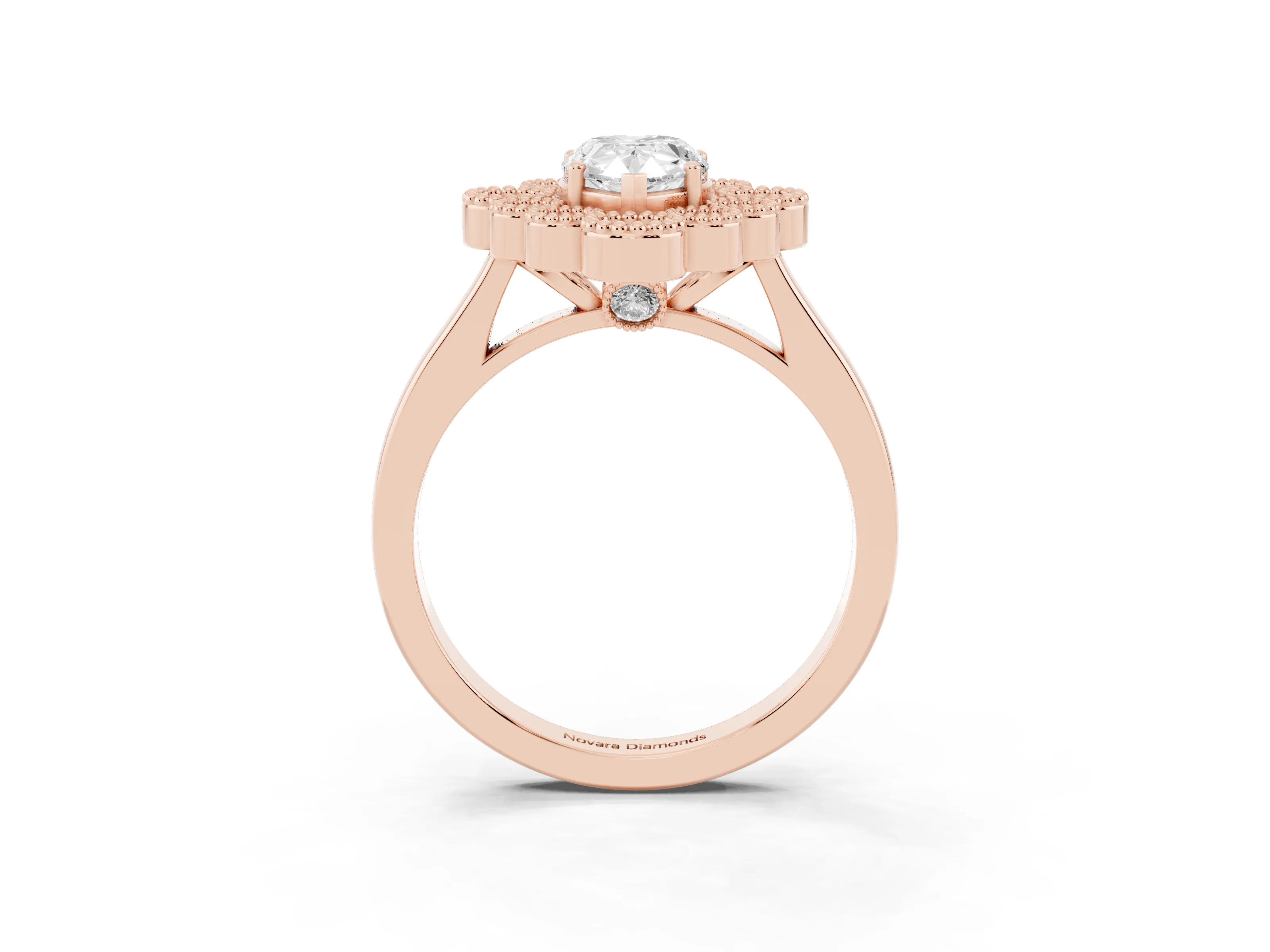 Pear Cut Diamond Cluster Halo Ring Set in Rose gold with Milgrain Bezel Accents and Plain Band