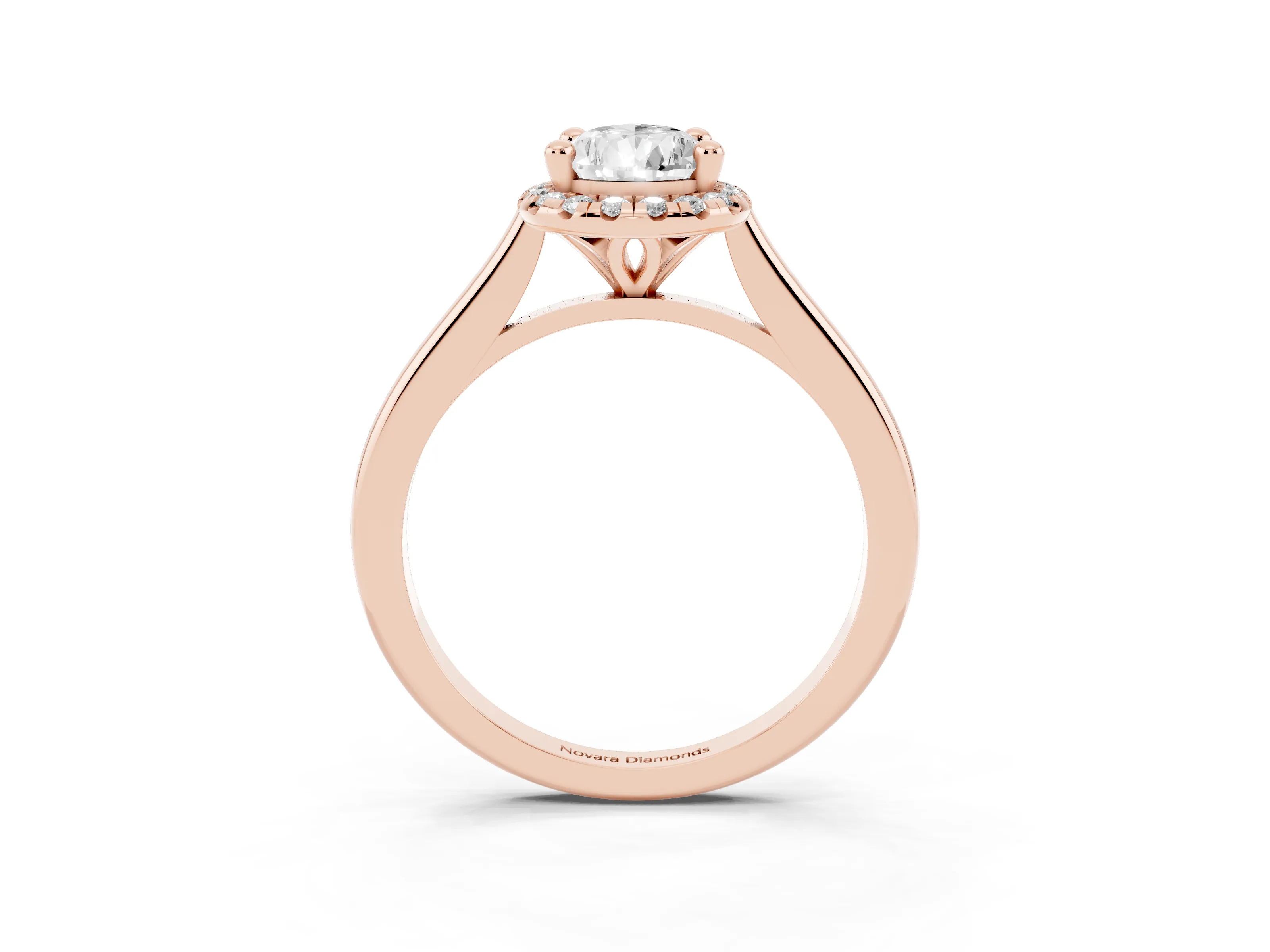 Pear Cut Diamond Halo Engagement Ring Set in Rose gold with Pavé Band and Rising Shoulders