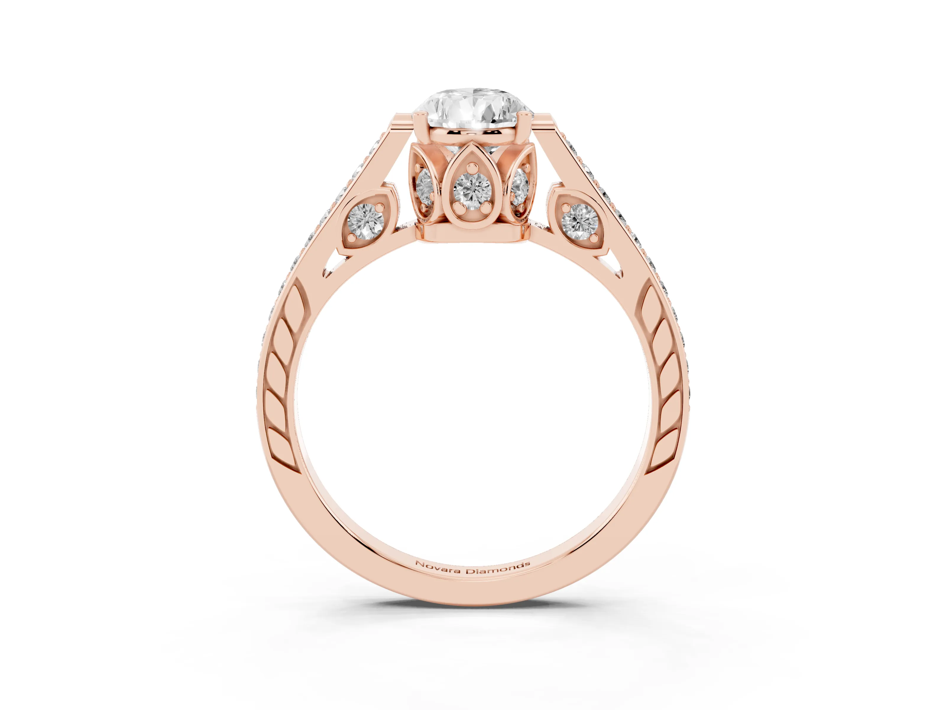 Pear Cut Diamond Cathedral Pavé Engagement Ring Set in Rose gold with Prong Setting
