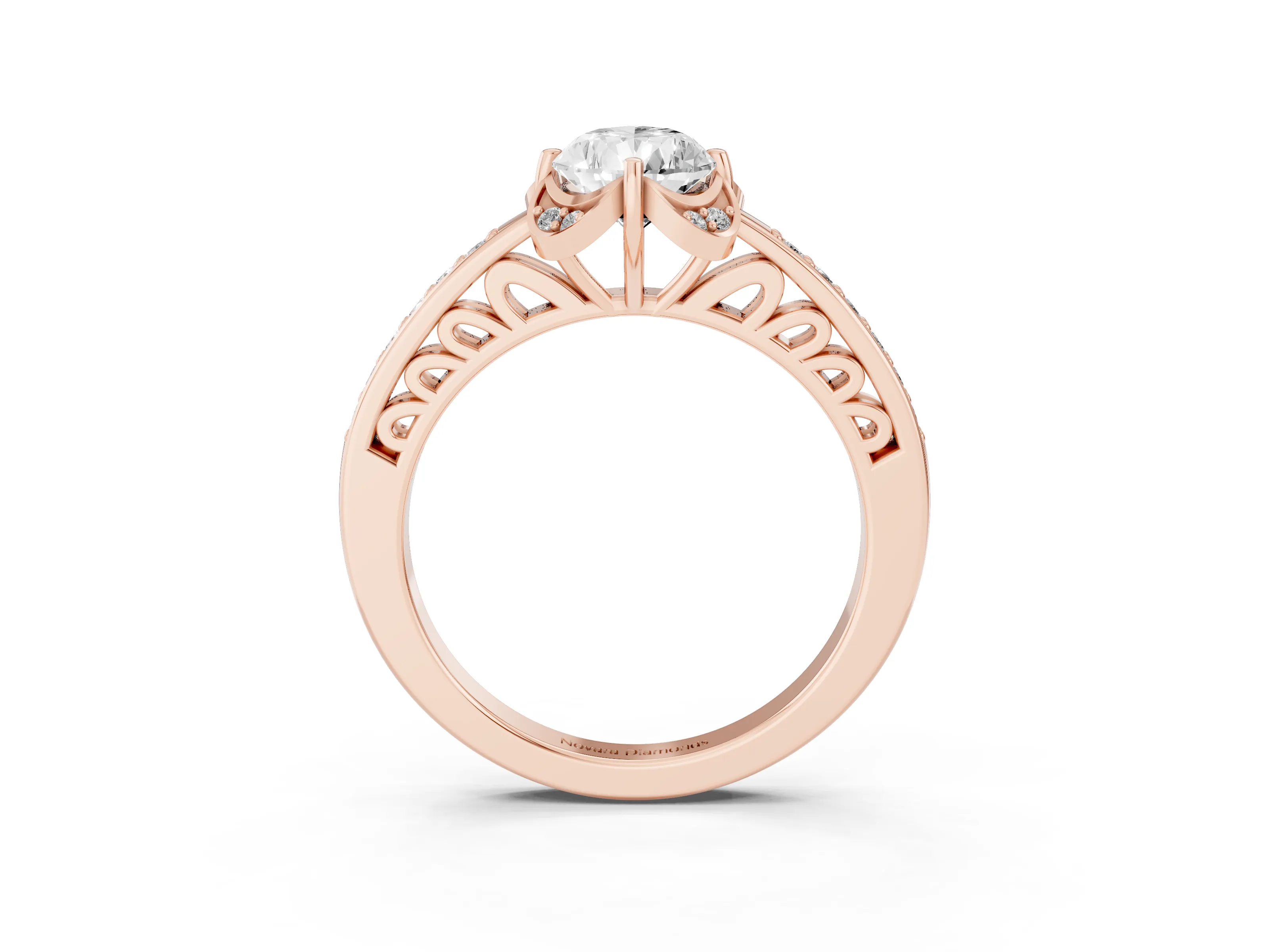 Pear Cut Diamond Halo Ring Set in Rose gold with Channel Set Band and Prong Setting