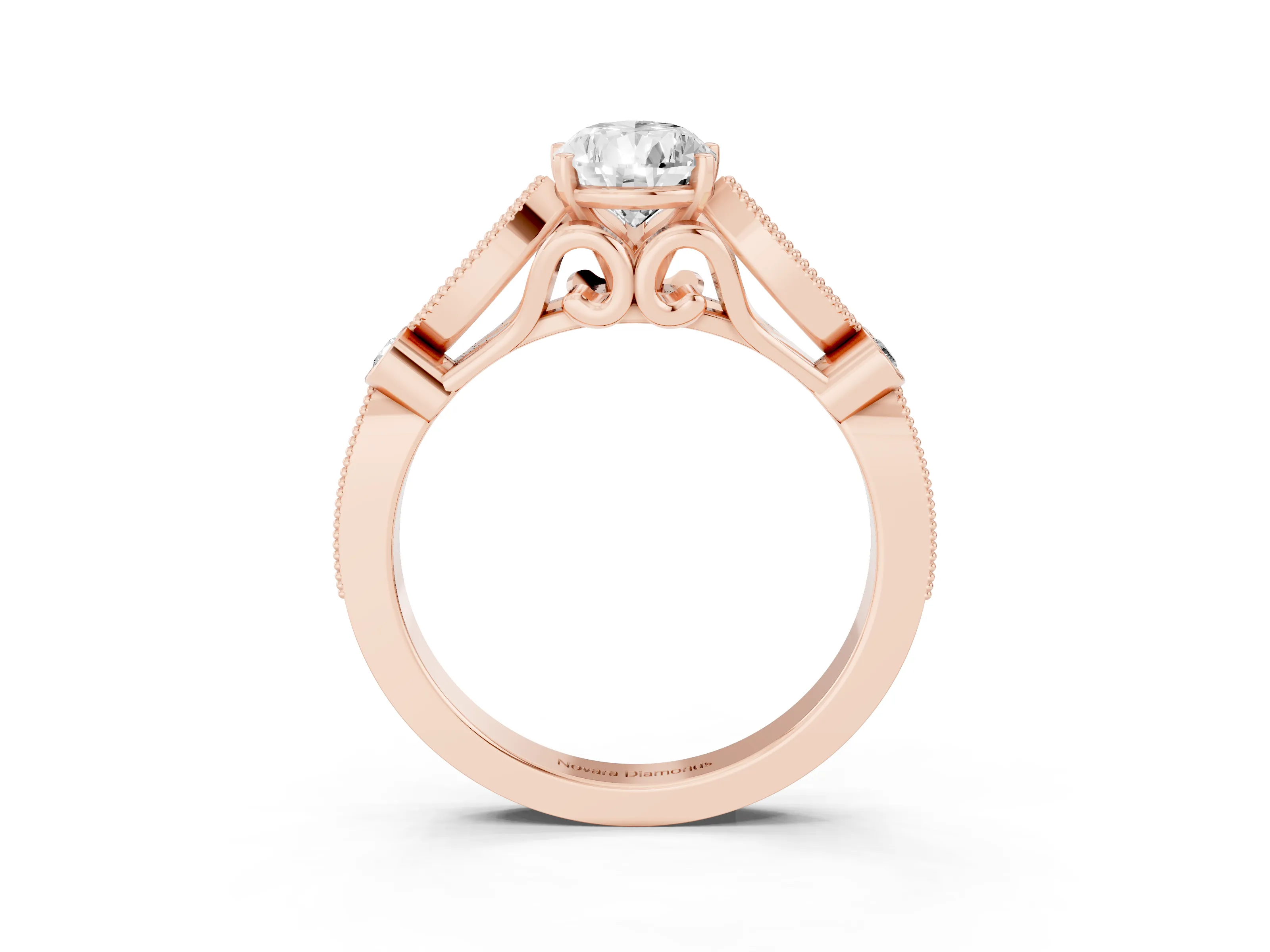 Pear Cut Diamond Solitaire Ring Set in Rose gold with Milgrain Marquise and Bezel Accents