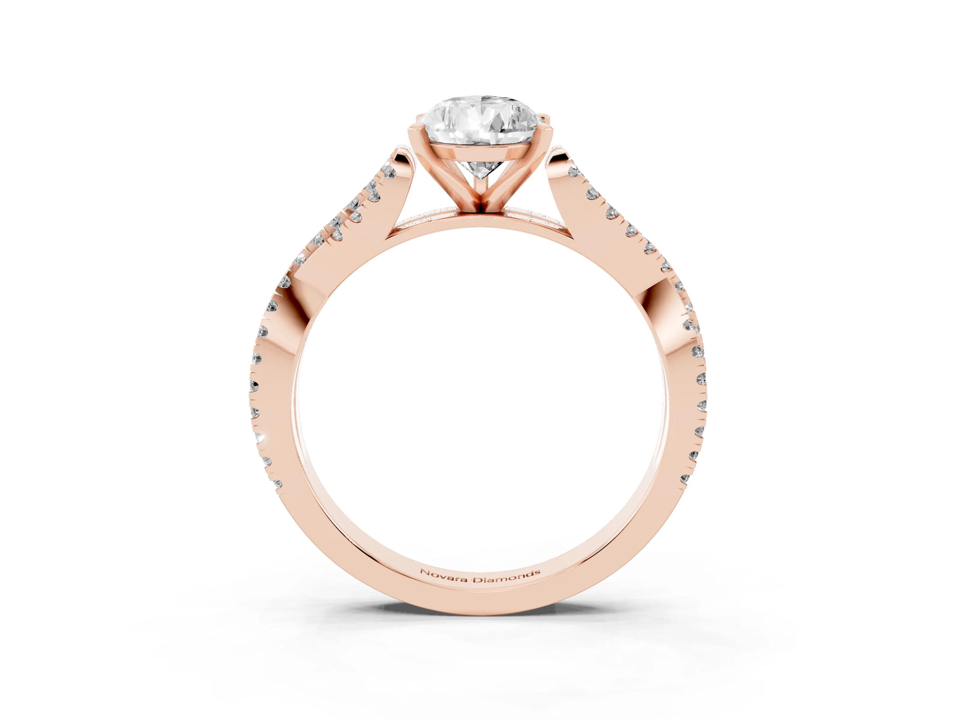 Pear Cut Diamond Solitaire Engagement Ring Set in Rose gold with Twisted Pavé Band and Prong Setting